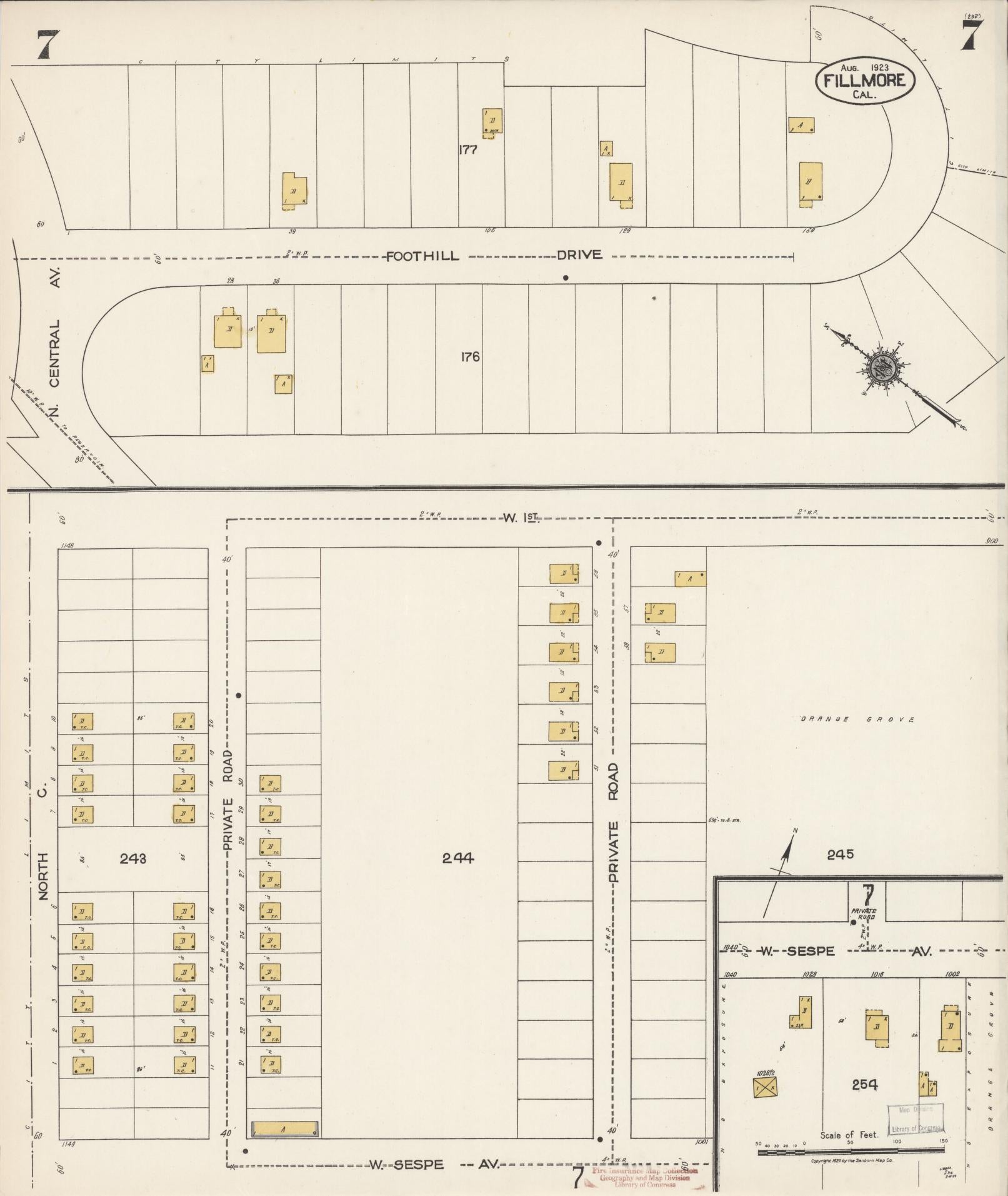 Sanborn Fire Insurance Map from Fillmore, Ventura County, California (1923), Sheet #0007 - Complete Map Set gallery image, historic Sanborn map, vintage wall art, California California