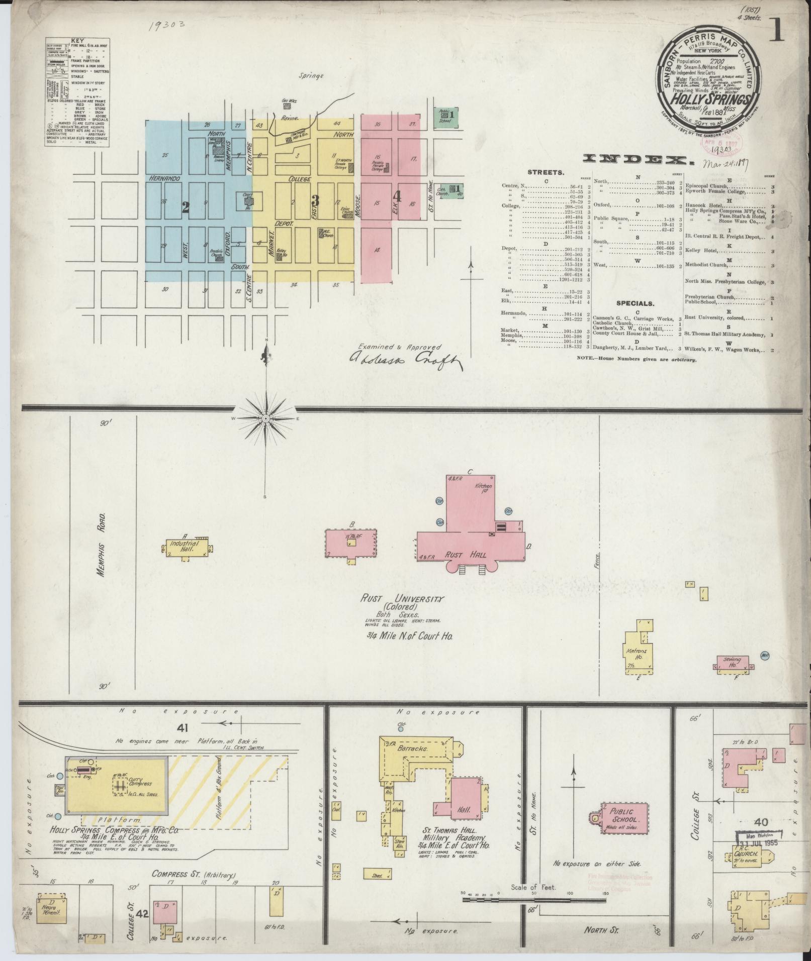 Sanborn Fire Insurance Map from Holly Springs, Marshall County, Mississippi (1897), Sheet #0001 - Historic Sanborn Fire Insurance Map Print, vintage old map wall art, antique decor, genealogy gift, Mississippi Mississippi map