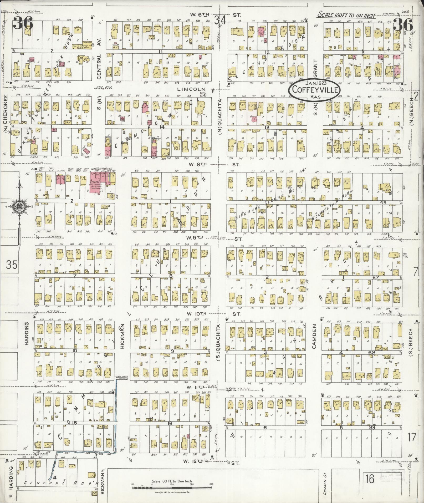 Sanborn Fire Insurance Map from Coffeyville, Montgomery County, Kansas (1923), Sheet #0036 - Historic Sanborn Fire Insurance Map Print, vintage old map wall art, antique decor, genealogy gift, Kansas Kansas map