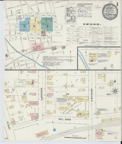 Sanborn Fire Insurance Map from Coldwater, Branch County, Michigan (1891), Sheet #0001 - Complete Map Set gallery image, historic Sanborn map, vintage wall art, Michigan Michigan