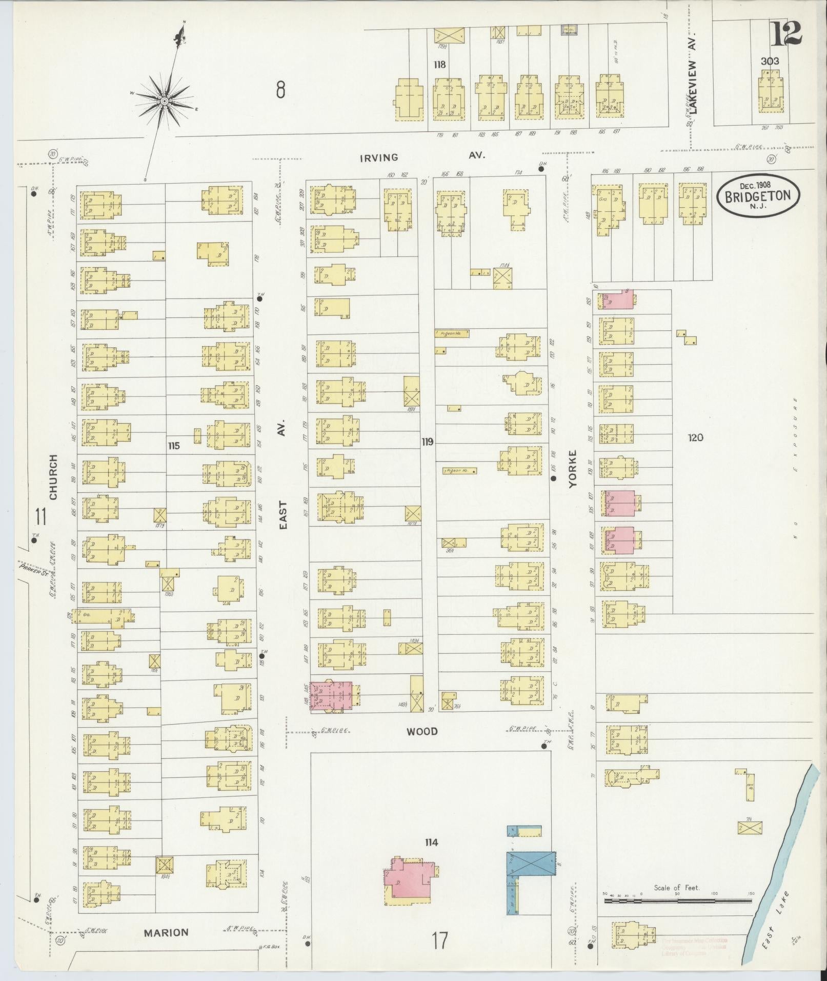 Sanborn Fire Insurance Map from Bridgeton, Cumberland County, New Jersey (1908), Sheet #0012 - Complete Map Set gallery image, historic Sanborn map, vintage wall art, New Jersey New Jersey