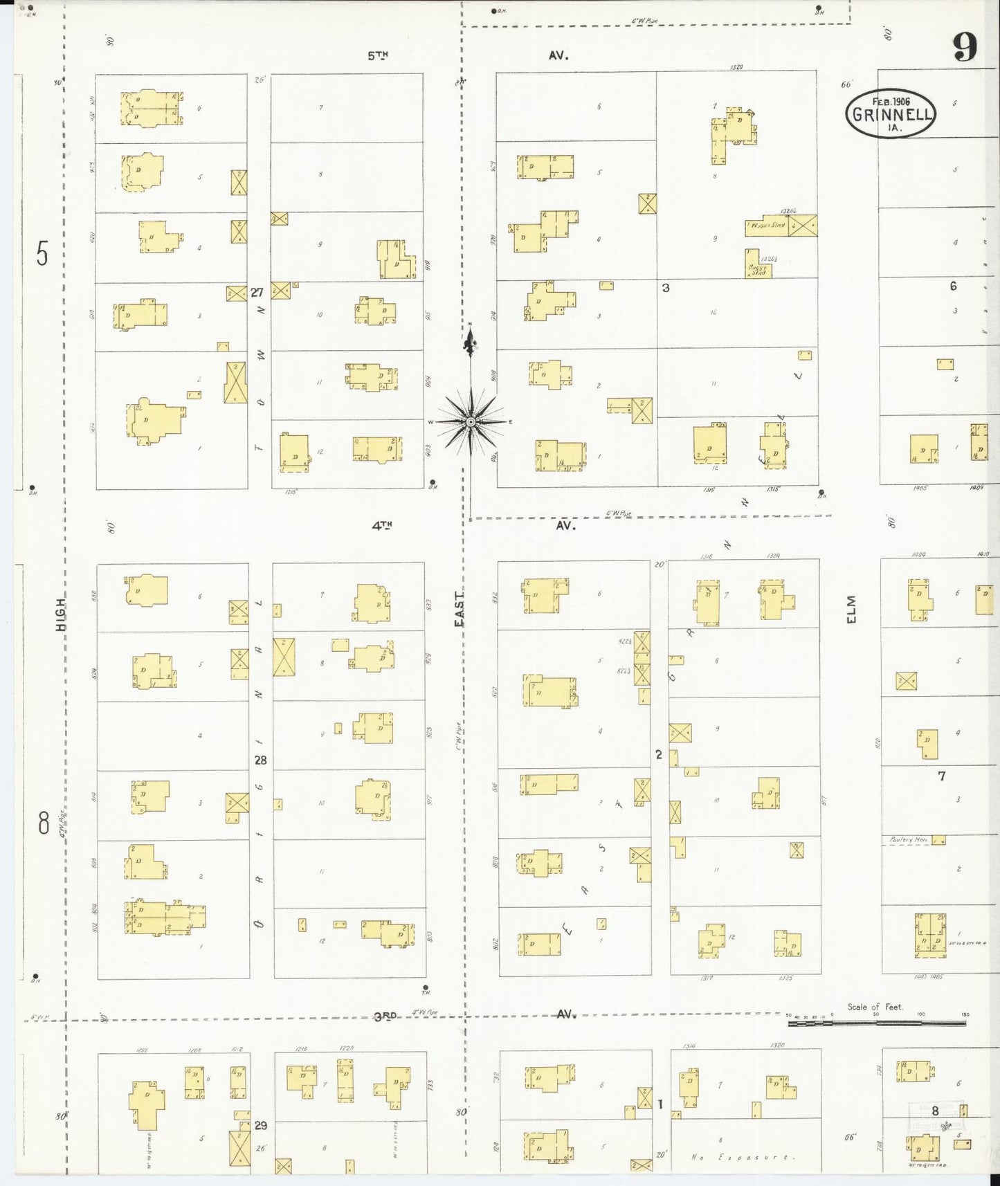 Sanborn Fire Insurance Map from Grinnell, Poweshiek County, Iowa (1906), Sheet #0009 - Historic Sanborn Fire Insurance Map Print, vintage old map wall art