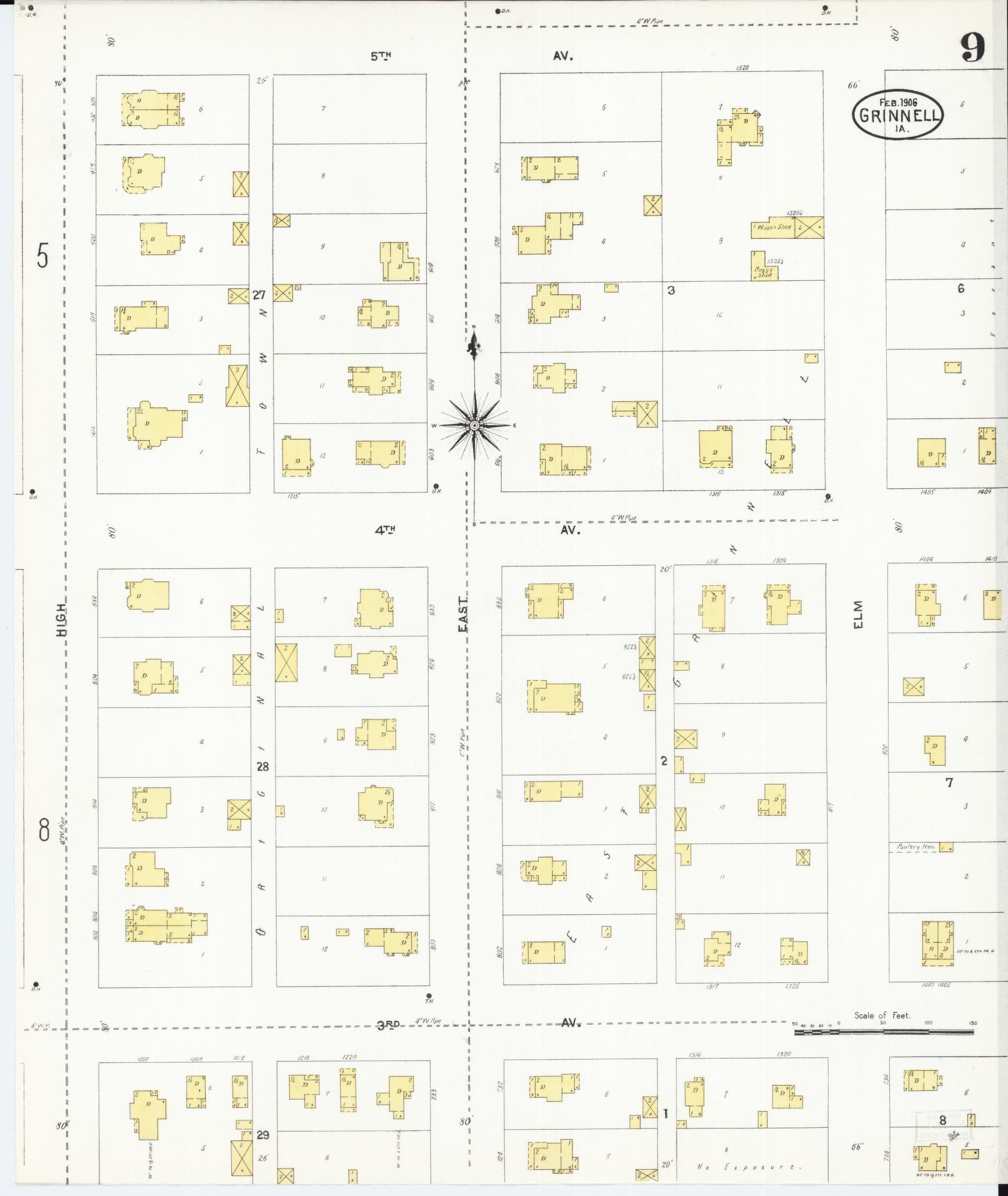 Sanborn Fire Insurance Map from Grinnell, Poweshiek County, Iowa (1906), Sheet #0009 - Historic Sanborn Fire Insurance Map Print, vintage old map wall art