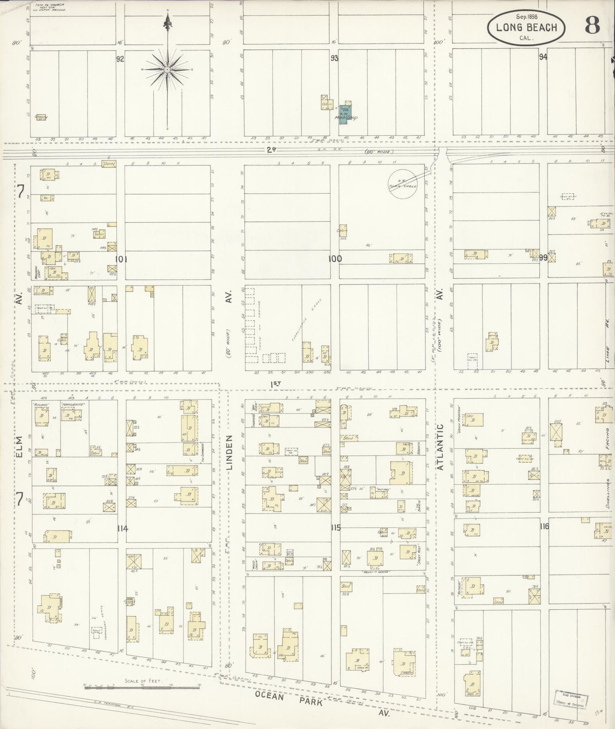 Sanborn Fire Insurance Map from Long Beach, Los Angeles County, California (1898), Sheet #0008 - Complete Map Set gallery image, historic Sanborn map, vintage wall art, California California