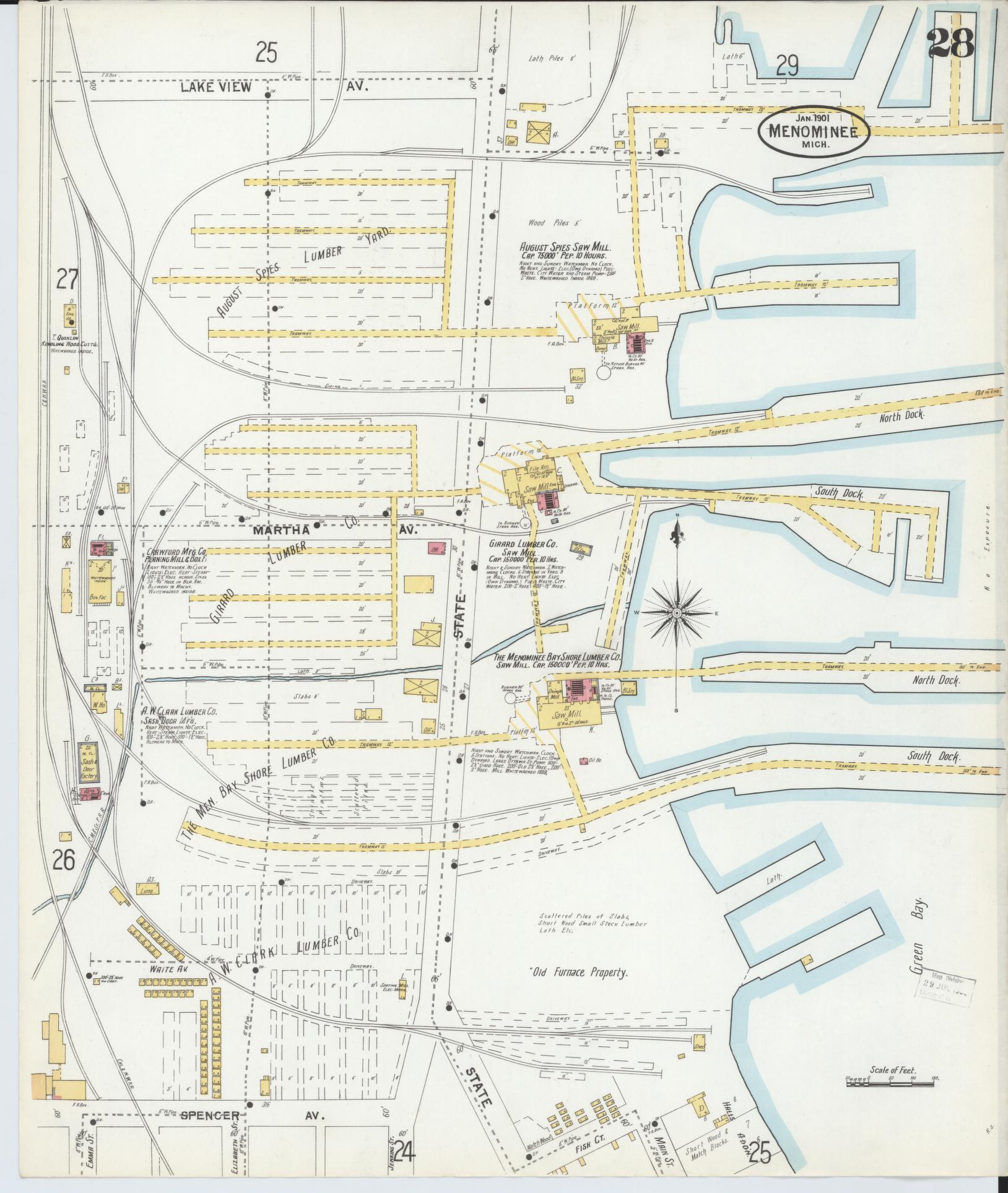 Sanborn Fire Insurance Map from Menominee, Menominee County, Michigan (1901), Sheet #0028 - Complete Map Set gallery image, historic Sanborn map, vintage wall art, Michigan Michigan