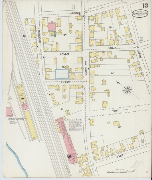 Sanborn Fire Insurance Map from Portsmouth, Rockingham County, New Hampshire (1892), Sheet #0013 - Historic Sanborn Fire Insurance Map Print, vintage old map wall art, antique decor, genealogy gift, New Hampshire New Hampshire map