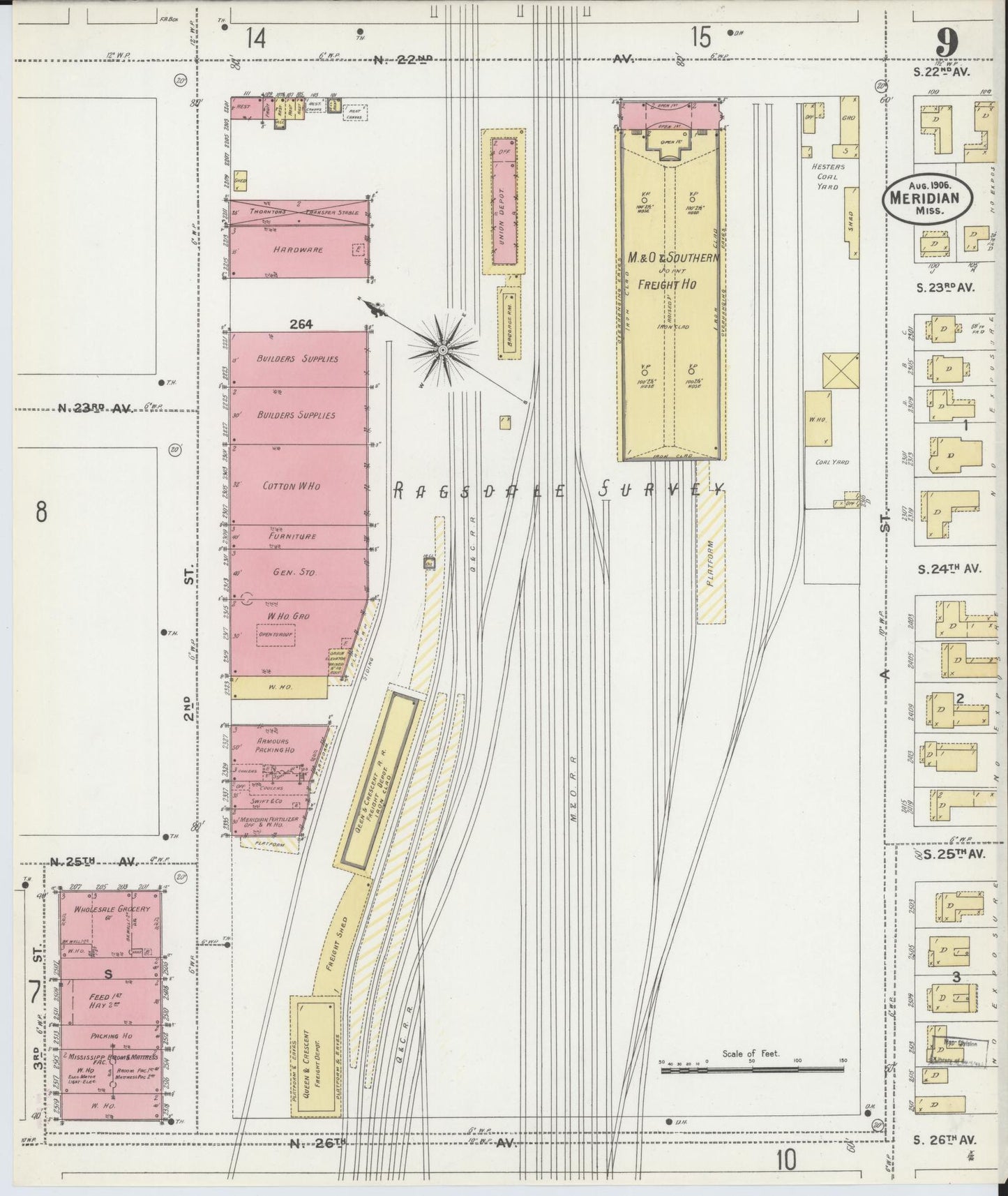 Sanborn Fire Insurance Map from Meridian, Lauderdale County, Mississippi (1906), Sheet #0009 - Historic Sanborn Fire Insurance Map Print, vintage old map wall art, antique decor, genealogy gift, Mississippi Mississippi map