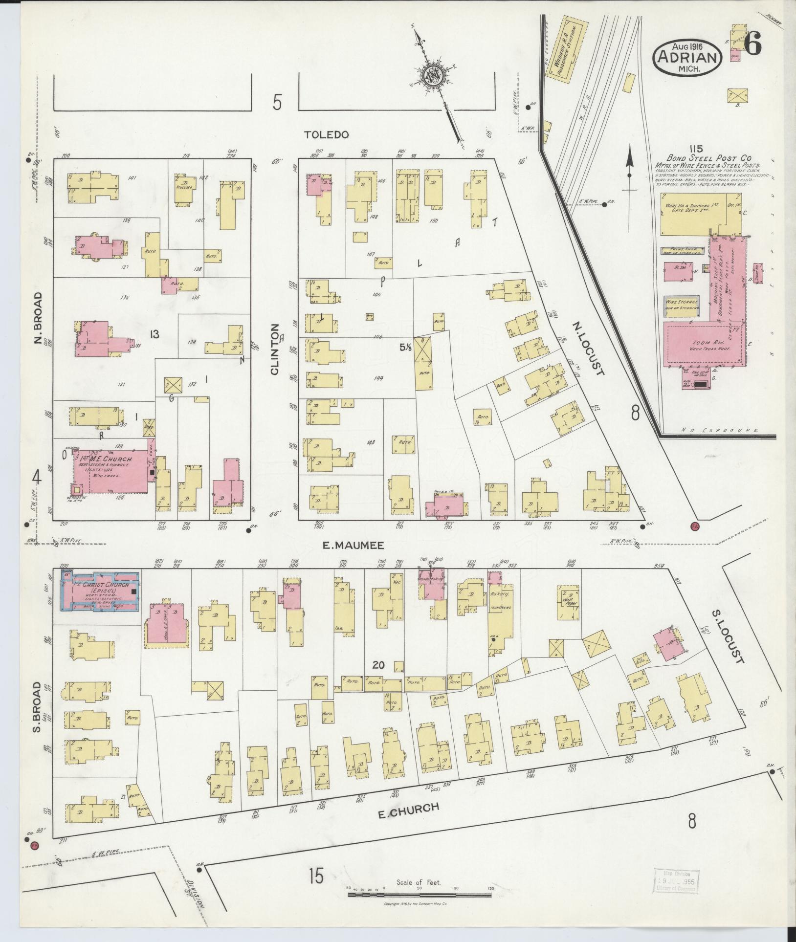 Sanborn Fire Insurance Map from Adrian, Lenawee County, Michigan (1916), Sheet #0006 - Historic Sanborn Fire Insurance Map Print, vintage old map wall art, antique decor, genealogy gift, Michigan Michigan map