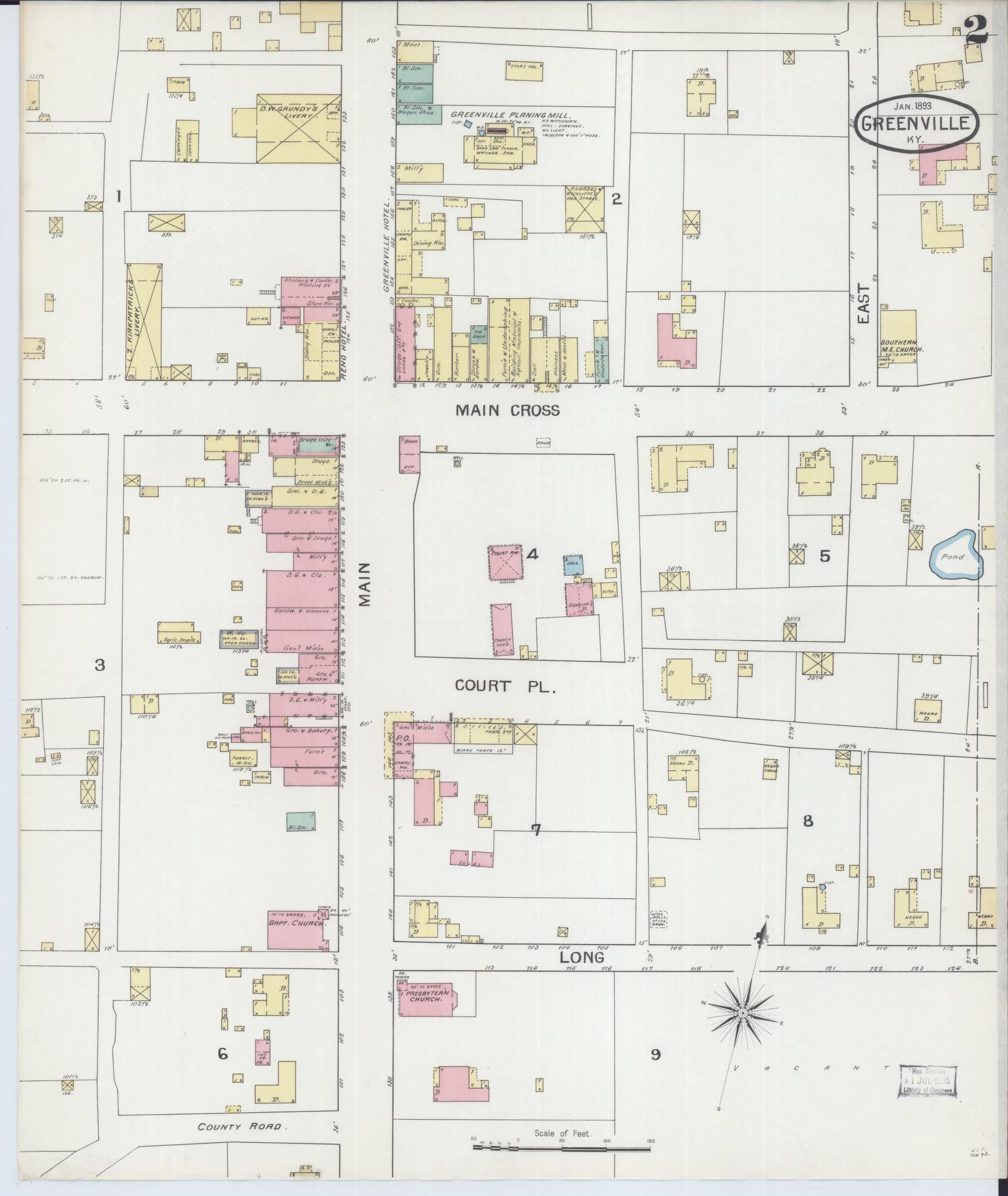 Sanborn Fire Insurance Map from Greenville, Muhlenberg County, Kentucky (1893), Sheet #0002 - Complete Map Set gallery image, historic Sanborn map, vintage wall art, Kentucky Kentucky