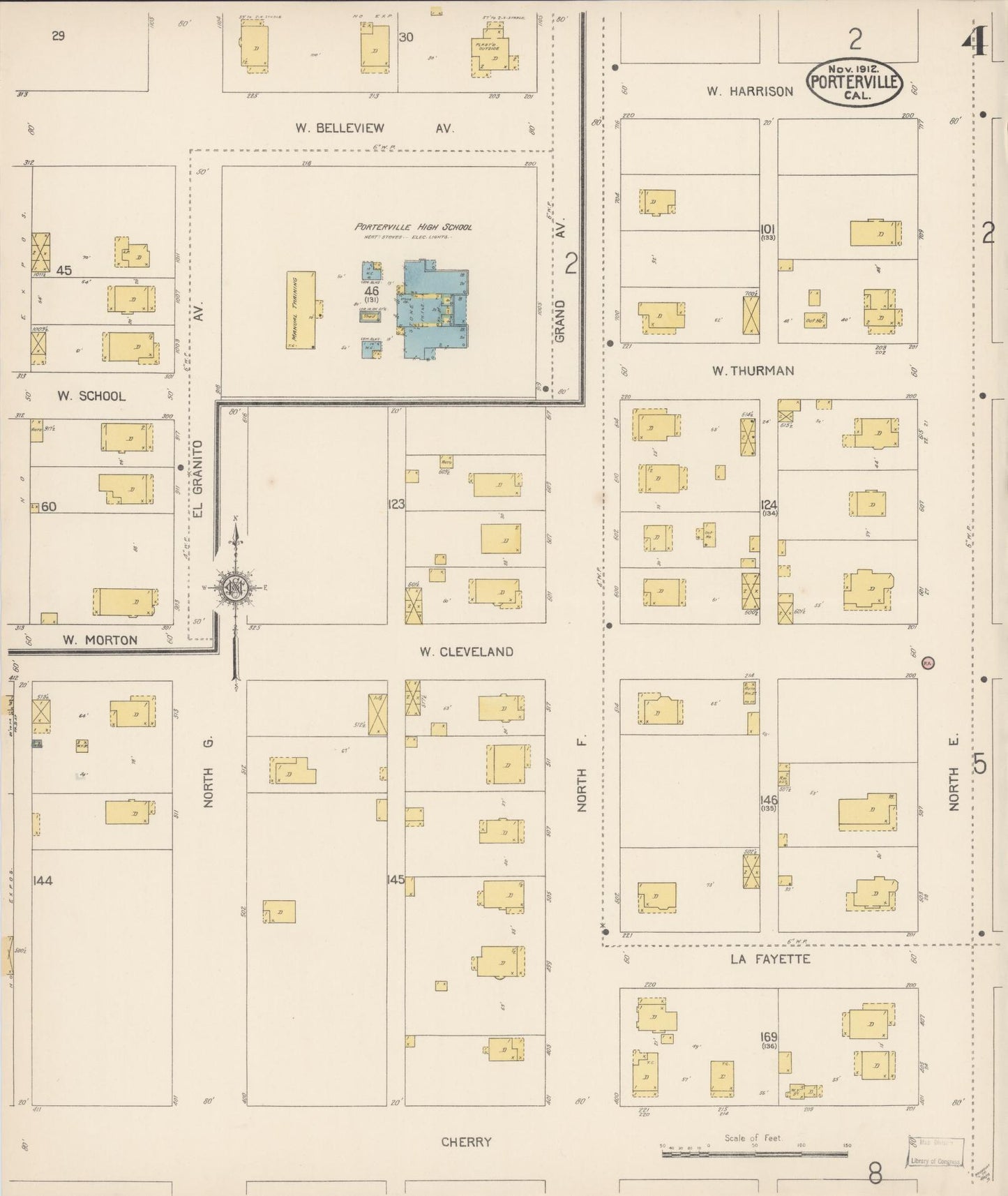 Sanborn Fire Insurance Map from Porterville, Tulare County, California (1912), Sheet #0004 - Complete Map Set gallery image, historic Sanborn map, vintage wall art, California California