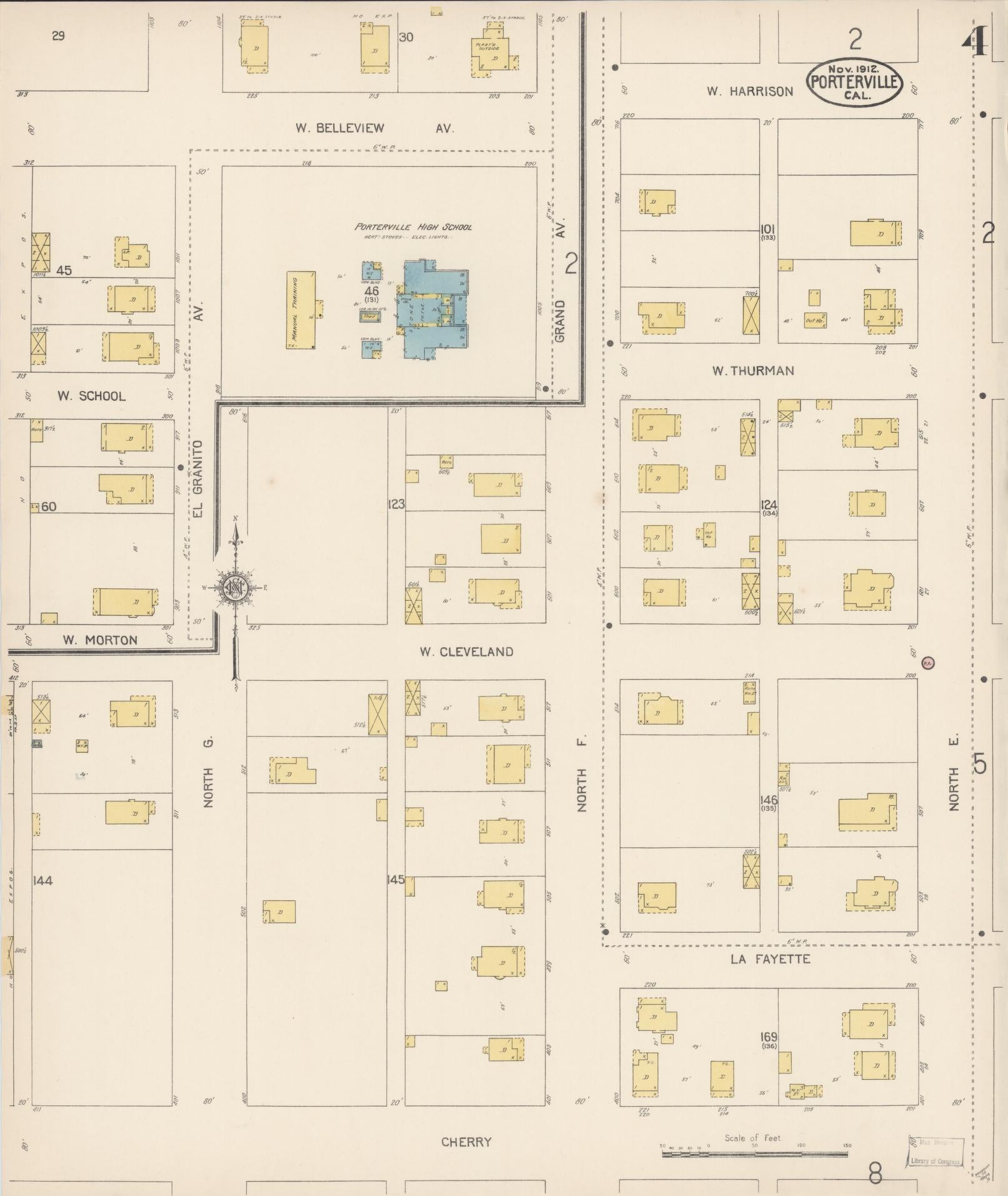 Sanborn Fire Insurance Map from Porterville, Tulare County, California (1912), Sheet #0004 - Complete Map Set gallery image, historic Sanborn map, vintage wall art, California California