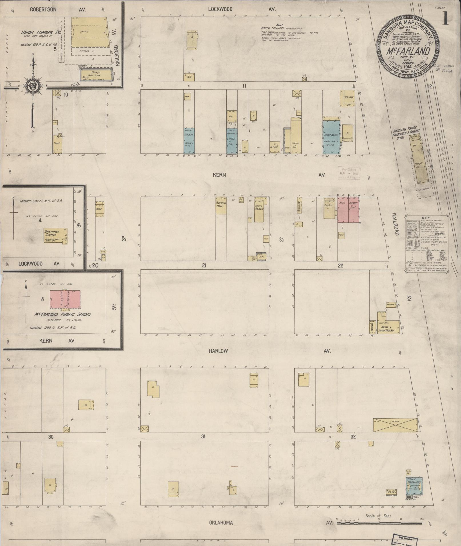 Sanborn Fire Insurance Map from Mcfarland, Kern County, California (1914), Sheet #0001 - Historic Sanborn Fire Insurance Map Print, vintage old map wall art, antique decor, genealogy gift, California California map