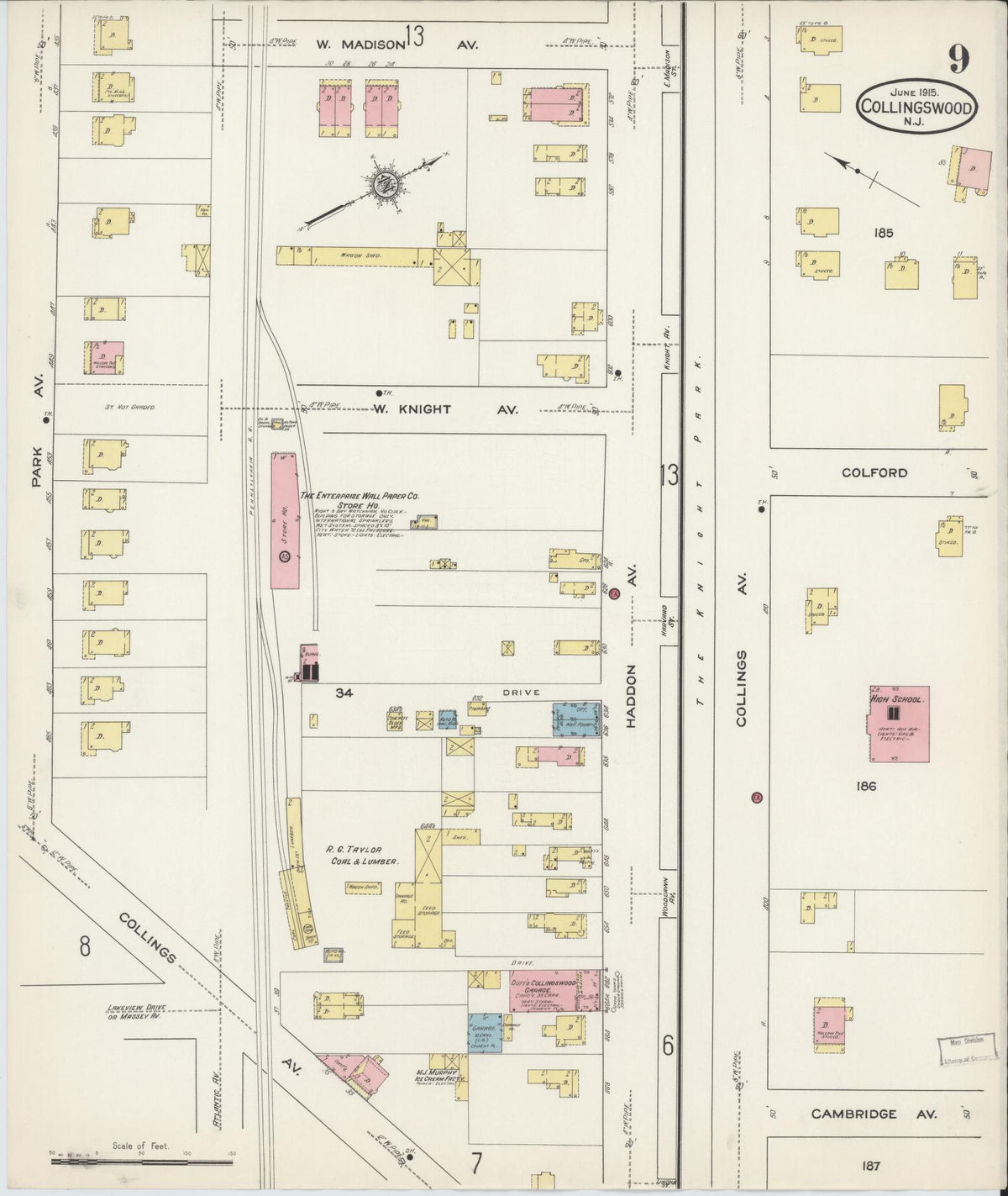 Sanborn Fire Insurance Map from Collingswood, Camden County, New Jersey (1915), Sheet #0009 - Historic Sanborn Fire Insurance Map Print, vintage old map wall art, antique decor, genealogy gift, New Jersey New Jersey map