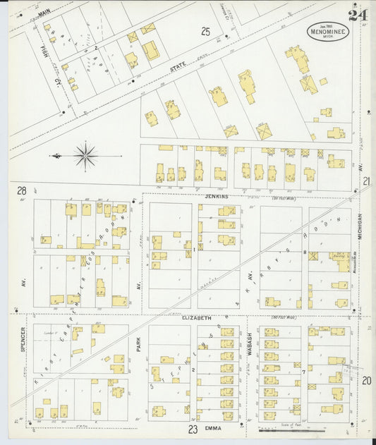 Sanborn Fire Insurance Map from Menominee, Menominee County, Michigan (1901), Sheet #0024 - Historic Sanborn Fire Insurance Map Print, vintage old map wall art, antique decor, genealogy gift, Michigan Michigan map