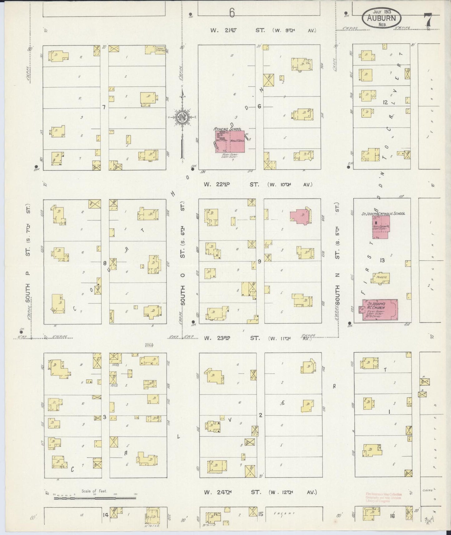 Sanborn Fire Insurance Map from Auburn, Nemaha County, Nebraska (1913), Sheet #0007 - Historic Sanborn Fire Insurance Map Print, vintage old map wall art, antique decor, genealogy gift, Nebraska Nebraska map