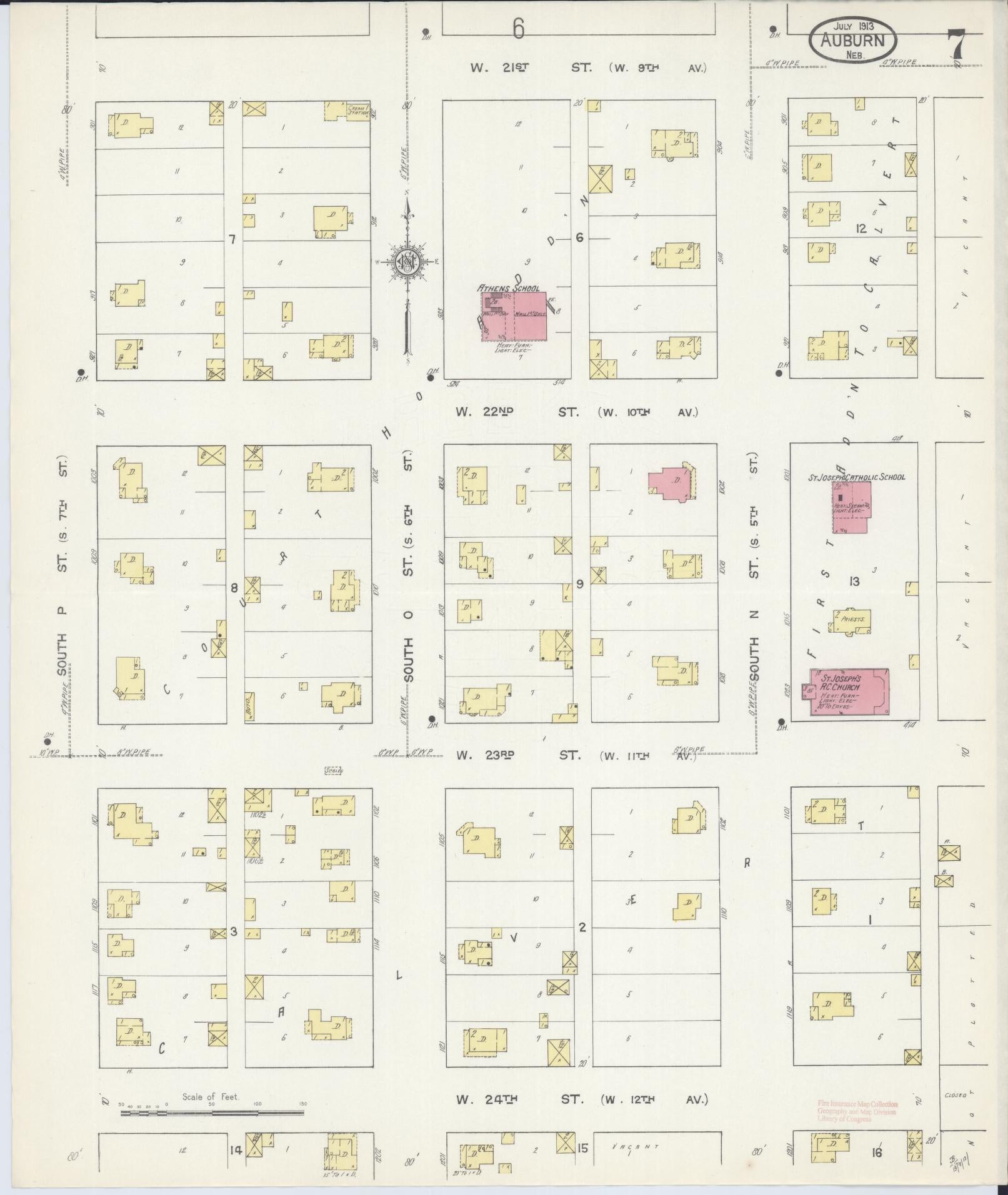 Sanborn Fire Insurance Map from Auburn, Nemaha County, Nebraska (1913), Sheet #0007 - Historic Sanborn Fire Insurance Map Print, vintage old map wall art, antique decor, genealogy gift, Nebraska Nebraska map
