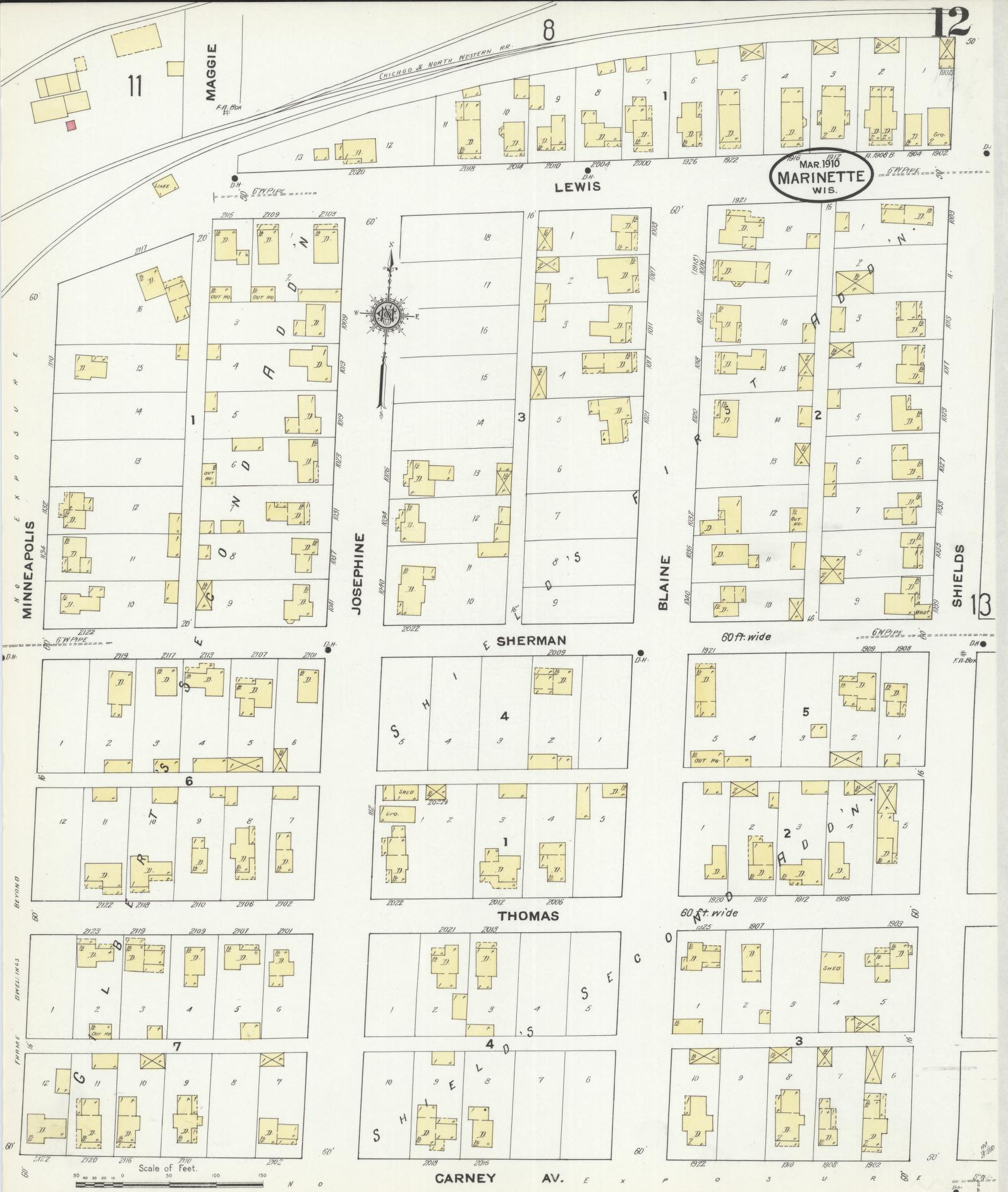 Sanborn Fire Insurance Map from Marinette, Marinette County, Wisconsin (1910), Sheet #0012 - Complete Map Set gallery image, historic Sanborn map, vintage wall art, Wisconsin Wisconsin