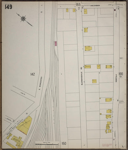 Sanborn Fire Insurance Map from Worcester, Worcester County, Massachusetts (1910), Sheet #0149 - Historic Sanborn Fire Insurance Map Print, vintage old map wall art, antique decor, genealogy gift, Massachusetts Massachusetts map
