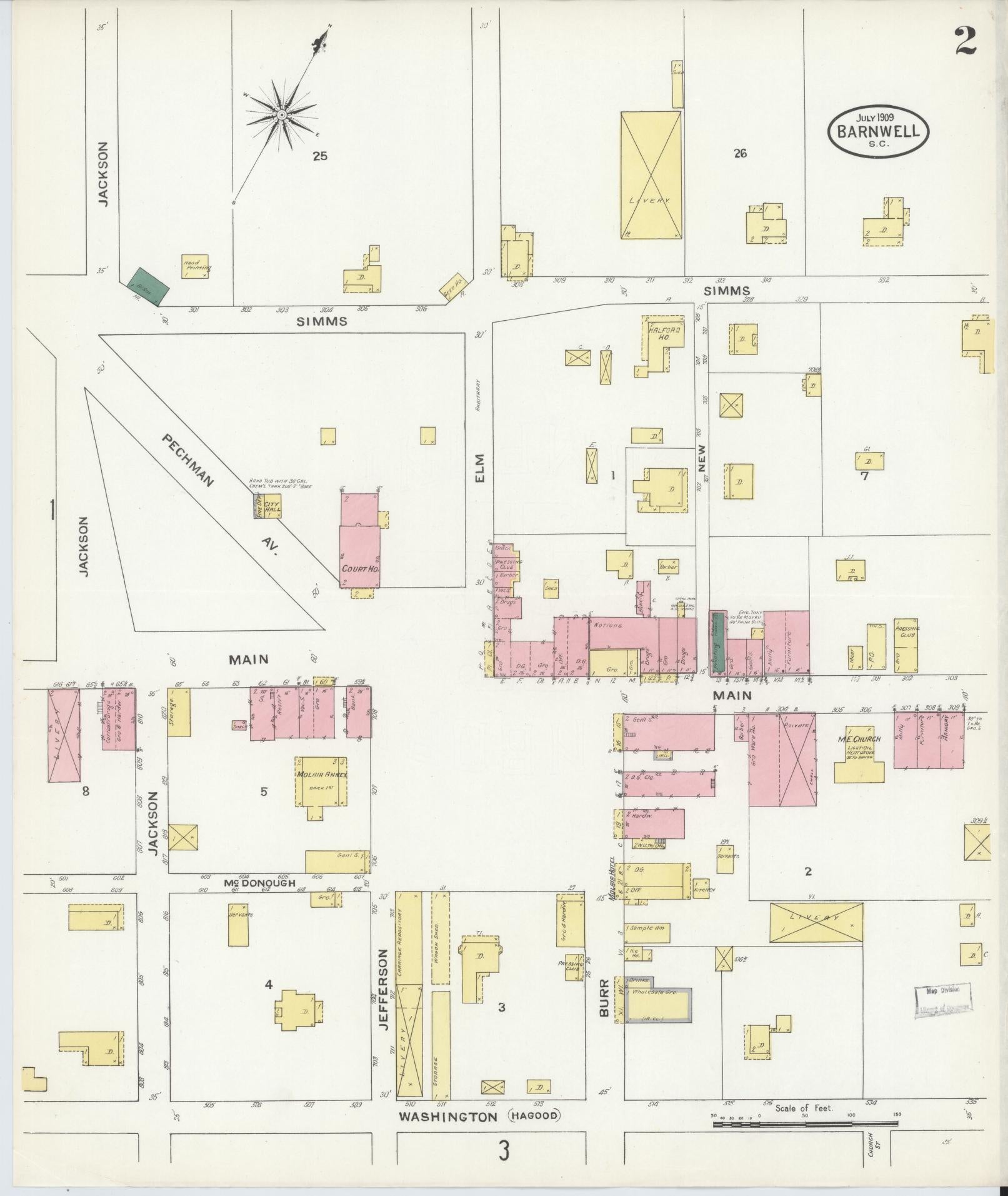 Sanborn Fire Insurance Map from Barnwell, Barnwell County, South Carolina (1909), Sheet #0002 - Complete Map Set gallery image, historic Sanborn map, vintage wall art, South Carolina South Carolina