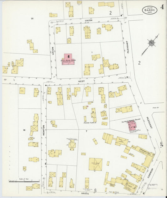 Sanborn Fire Insurance Map from Barre, Worcester County, Massachusetts (1911), Sheet #0004 - Historic Sanborn Fire Insurance Map Print, vintage old map wall art, antique decor, genealogy gift, Massachusetts Massachusetts map