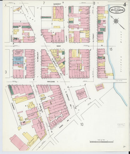 Sanborn Fire Insurance Map from Mount Clemens, Macomb County, Michigan (1909), Sheet #0004 - Historic Sanborn Fire Insurance Map Print, vintage old map wall art, antique decor, genealogy gift, Michigan Michigan map