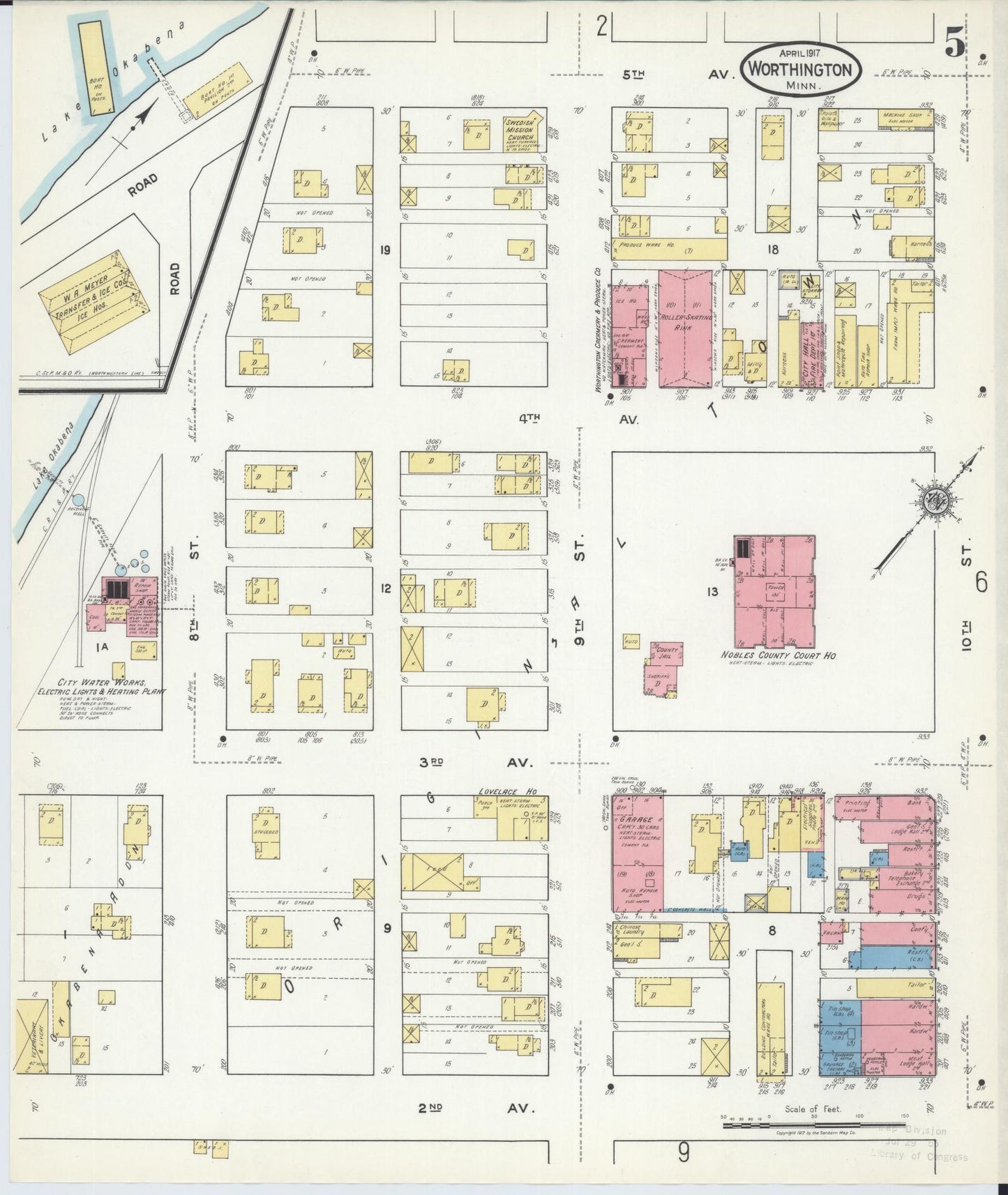 Sanborn Fire Insurance Map from Worthington, Nobles County, Minnesota (1917), Sheet #0005 - Complete Map Set gallery image, historic Sanborn map, vintage wall art, Minnesota Minnesota