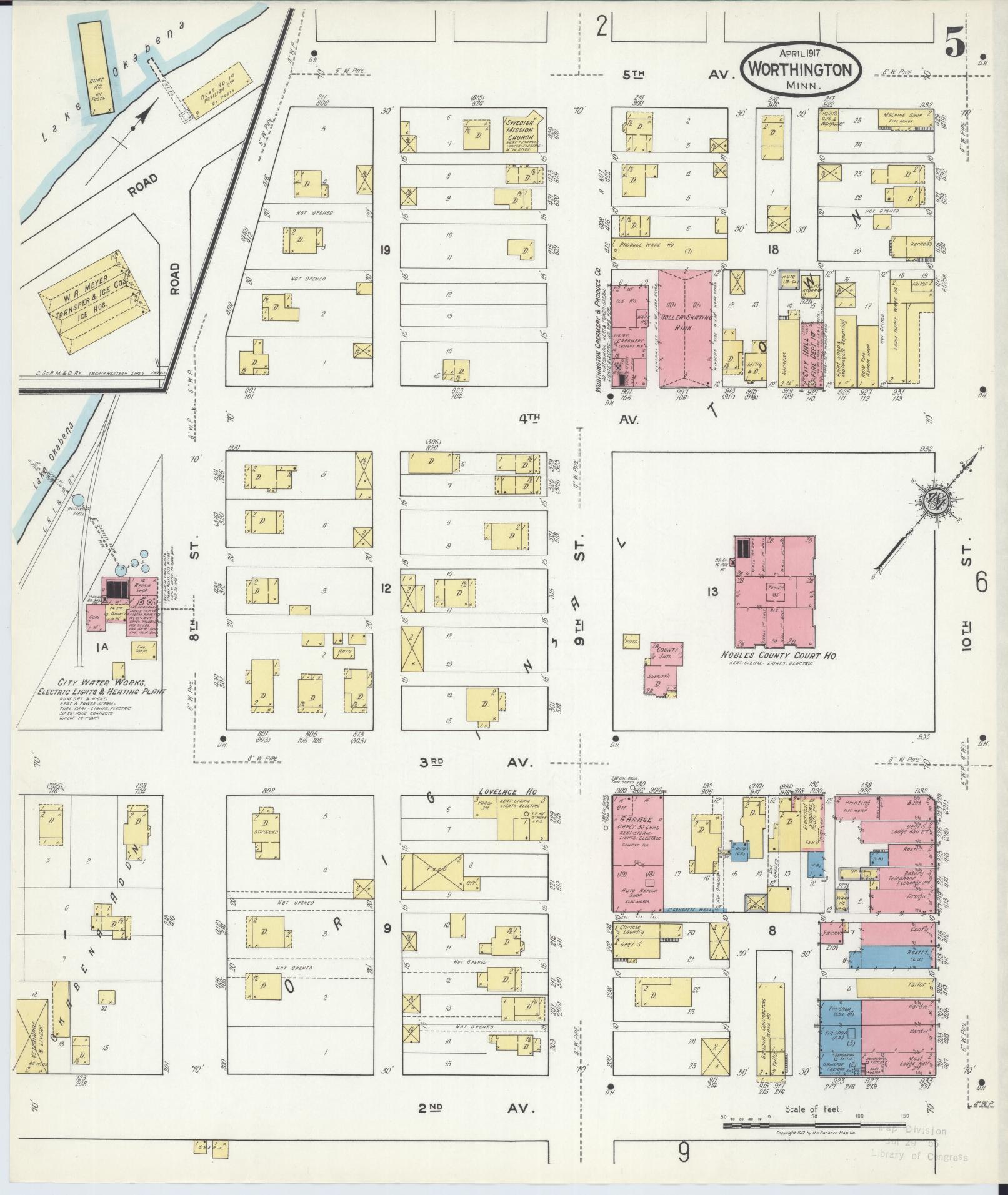 Sanborn Fire Insurance Map from Worthington, Nobles County, Minnesota (1917), Sheet #0005 - Complete Map Set gallery image, historic Sanborn map, vintage wall art, Minnesota Minnesota
