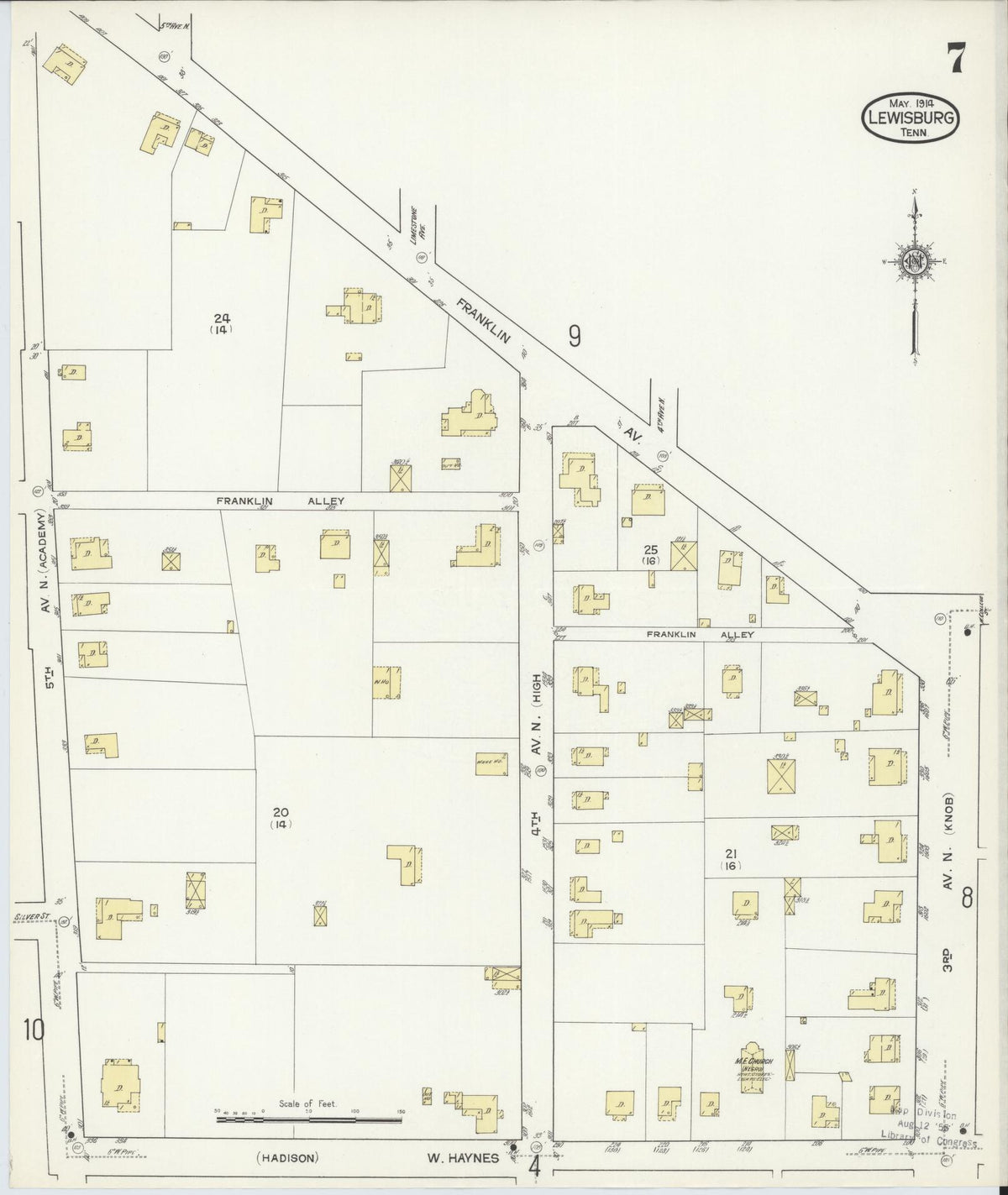 Sanborn Fire Insurance Map from Lewisburg, Marshall County, Tennessee (1914), Sheet #0007 - Complete Map Set gallery image, historic Sanborn map, vintage wall art, Tennessee Tennessee