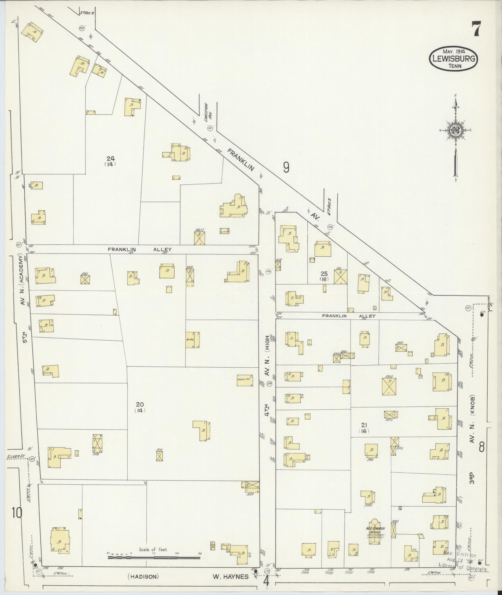 Sanborn Fire Insurance Map from Lewisburg, Marshall County, Tennessee (1914), Sheet #0007 - Complete Map Set gallery image, historic Sanborn map, vintage wall art, Tennessee Tennessee