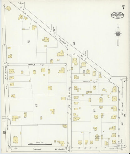 Sanborn Fire Insurance Map from Lewisburg, Marshall County, Tennessee (1914), Sheet #0007 - Complete Map Set gallery image, historic Sanborn map, vintage wall art, Tennessee Tennessee