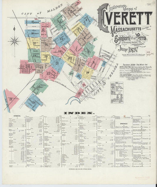 Sanborn Fire Insurance Map from Everett, Middlesex County, Massachusetts (1897), Sheet #0001 - Historic Sanborn Fire Insurance Map Print, vintage old map wall art, antique decor, genealogy gift, Massachusetts Massachusetts map