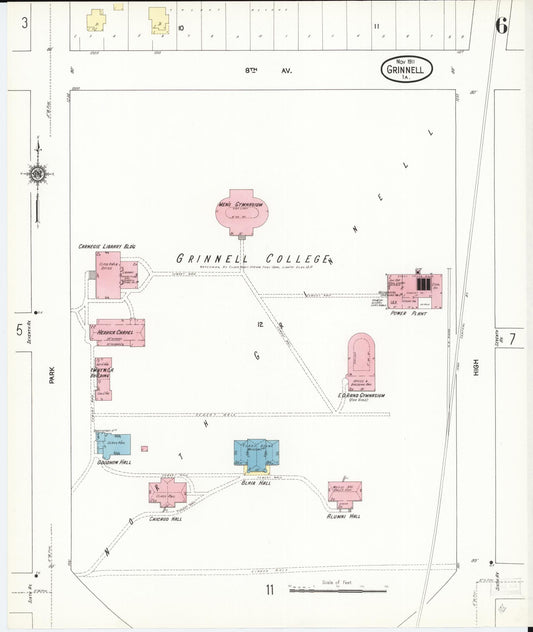 Sanborn Fire Insurance Map from Grinnell, Poweshiek County, Iowa (1911), Sheet #0006 - Historic Sanborn Fire Insurance Map Print, vintage old map wall art