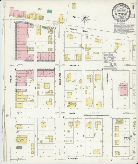 Sanborn Fire Insurance Map from Itta Bena, Leflore County, Mississippi (1909), Sheet #0001 - Complete Map Set gallery image, historic Sanborn map, vintage wall art, Mississippi Mississippi