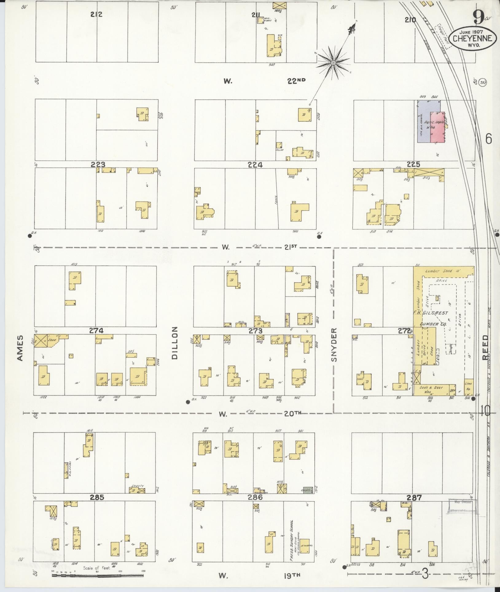 Sanborn Fire Insurance Map from Cheyenne, Laramie County, Wyoming (1907), Sheet #0009 - Complete Map Set gallery image, historic Sanborn map, vintage wall art, Wyoming Wyoming