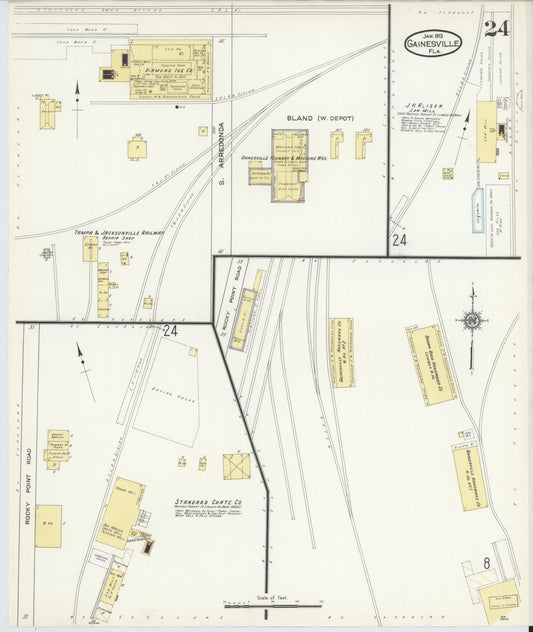 Sanborn Fire Insurance Map from Gainesville, Alachua County, Florida (1913), Sheet #0024 - Historic Sanborn Fire Insurance Map Print, vintage old map wall art, antique decor, genealogy gift, Florida Florida map