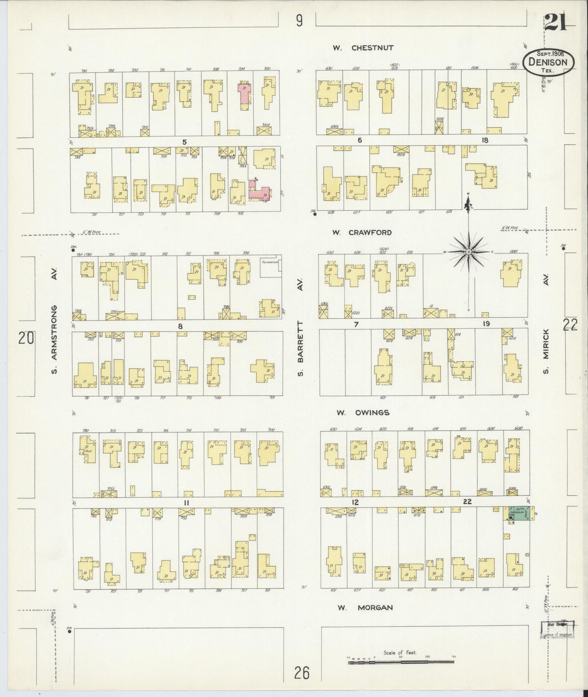 Sanborn Fire Insurance Map from Denison, Grayson County, Texas (1908), Sheet #0021 - Complete Map Set gallery image, historic Sanborn map, vintage wall art, Texas Texas