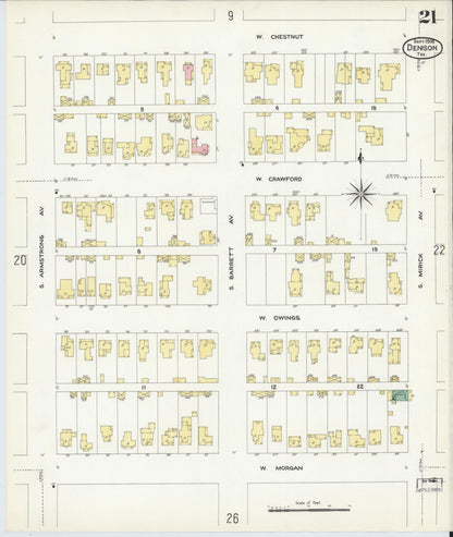 Sanborn Fire Insurance Map from Denison, Grayson County, Texas (1908), Sheet #0021 - Complete Map Set gallery image, historic Sanborn map, vintage wall art, Texas Texas