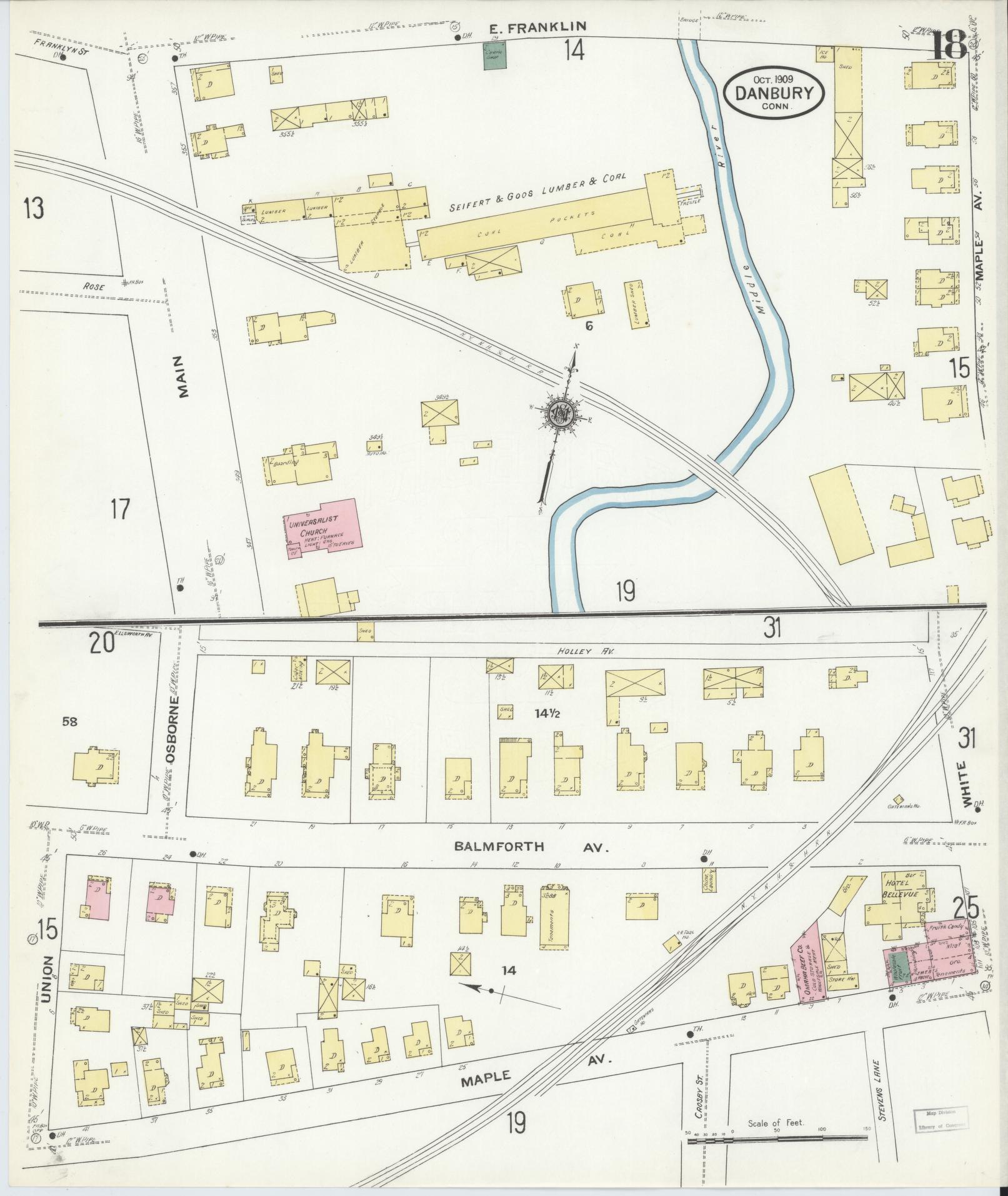 Sanborn Fire Insurance Map from Danbury, Fairfield County, Connecticut (1909), Sheet #0018 - Complete Map Set gallery image, historic Sanborn map, vintage wall art, Connecticut Connecticut