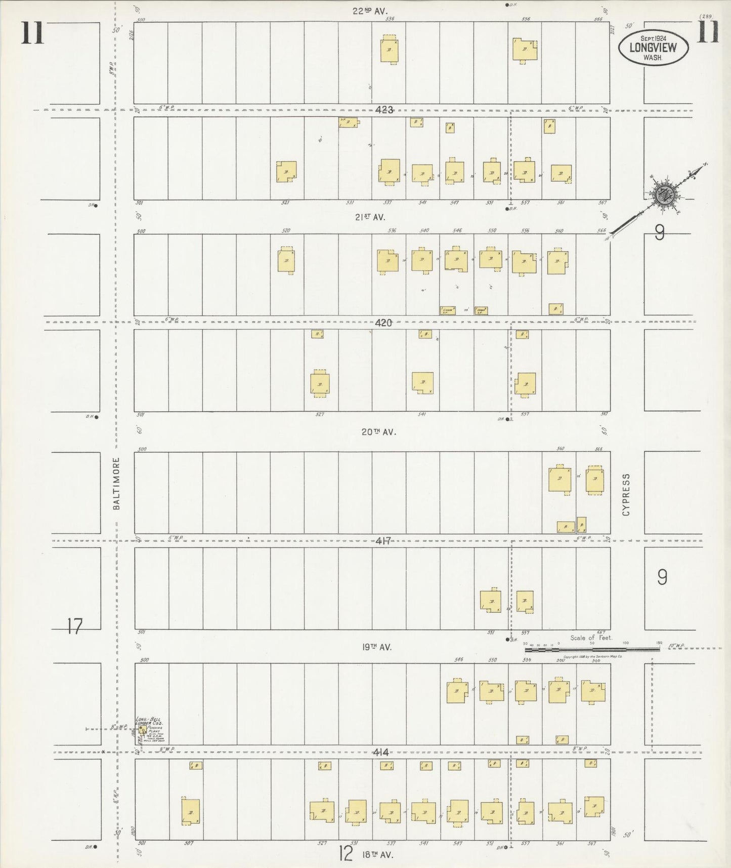 Sanborn Fire Insurance Map from Longview, Cowlitz County, Washington (1924), Sheet #0011 - Complete Map Set gallery image, historic Sanborn map, vintage wall art, Washington Washington