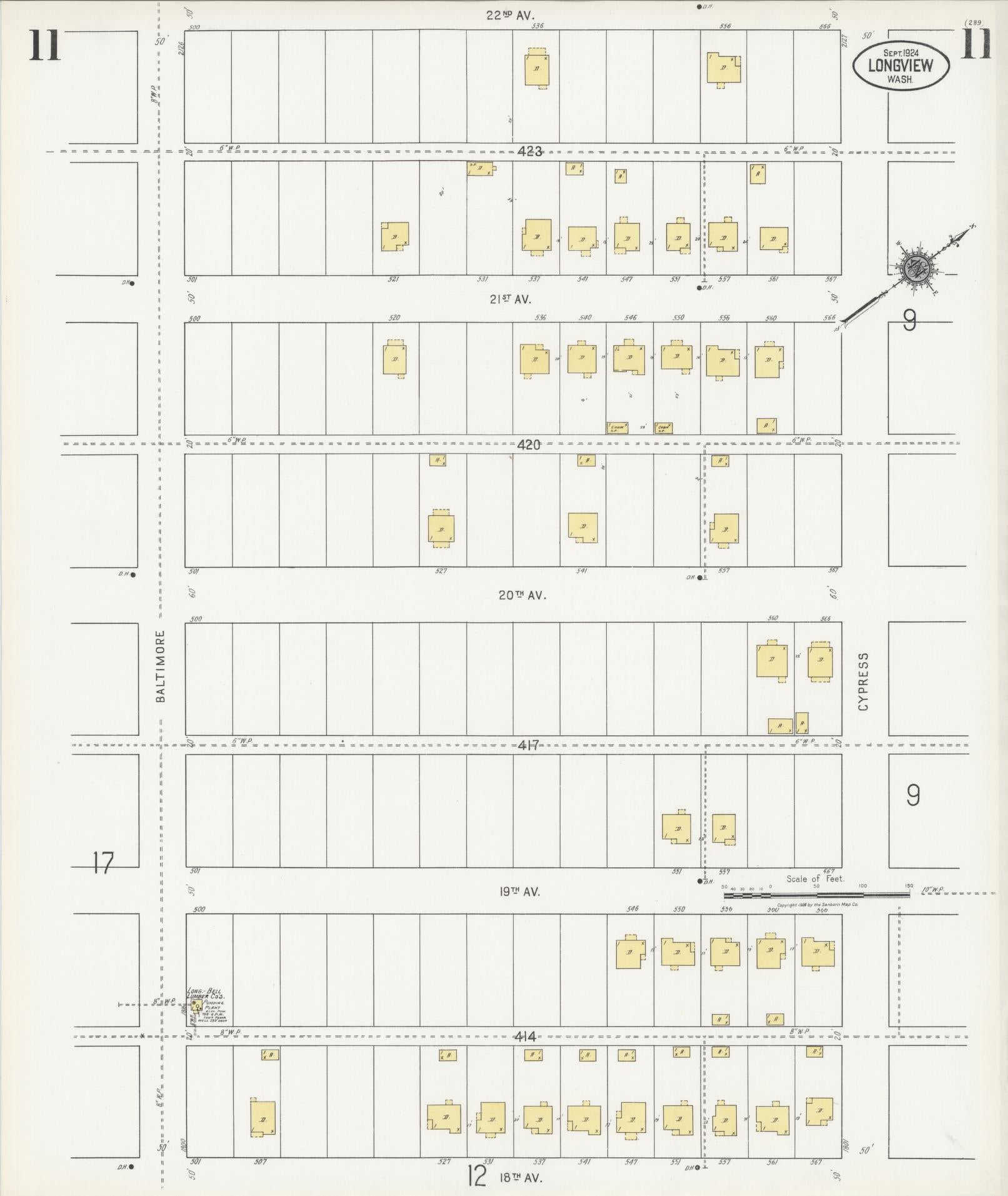 Sanborn Fire Insurance Map from Longview, Cowlitz County, Washington (1924), Sheet #0011 - Complete Map Set gallery image, historic Sanborn map, vintage wall art, Washington Washington