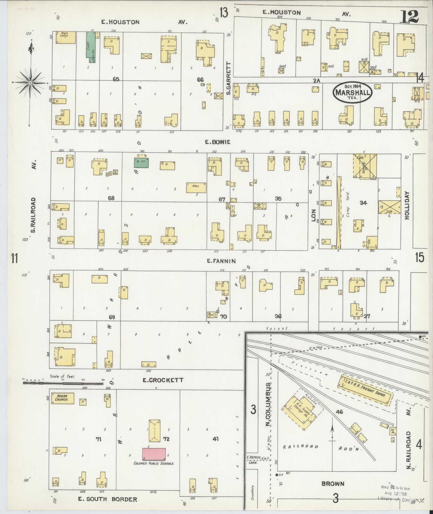 Sanborn Fire Insurance Map from Marshall, Harrison County, Texas (1904), Sheet #0012 - Complete Map Set gallery image, historic Sanborn map, vintage wall art, Texas Texas