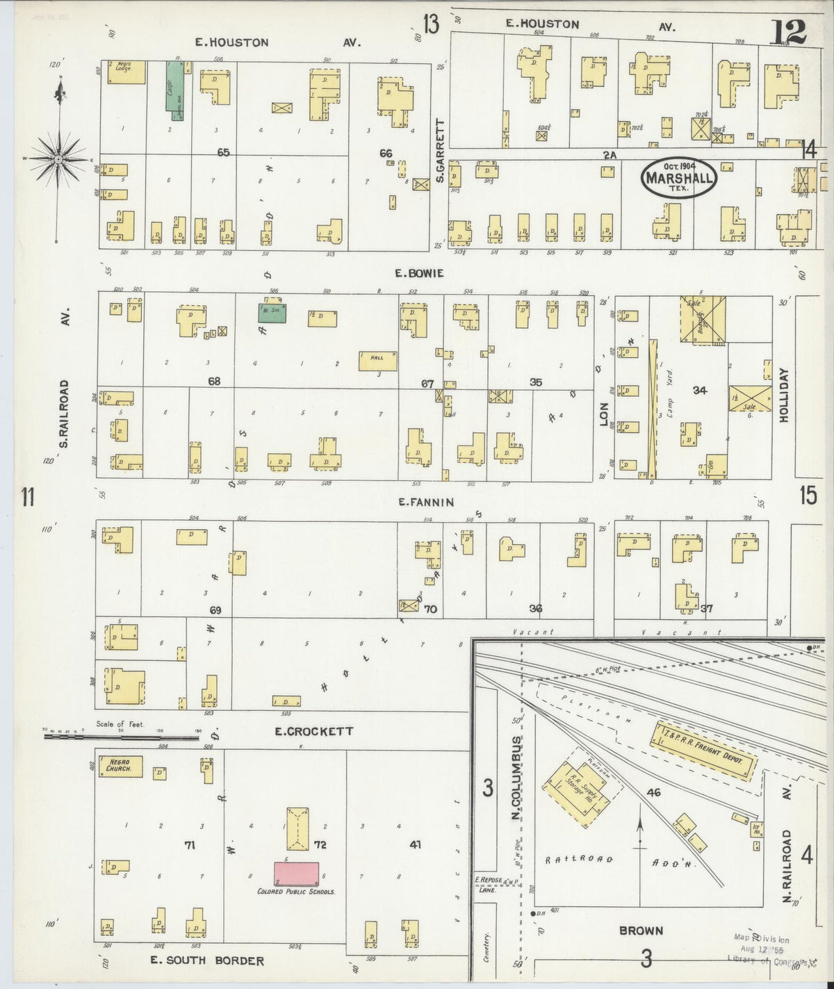Sanborn Fire Insurance Map from Marshall, Harrison County, Texas (1904), Sheet #0012 - Complete Map Set gallery image, historic Sanborn map, vintage wall art, Texas Texas