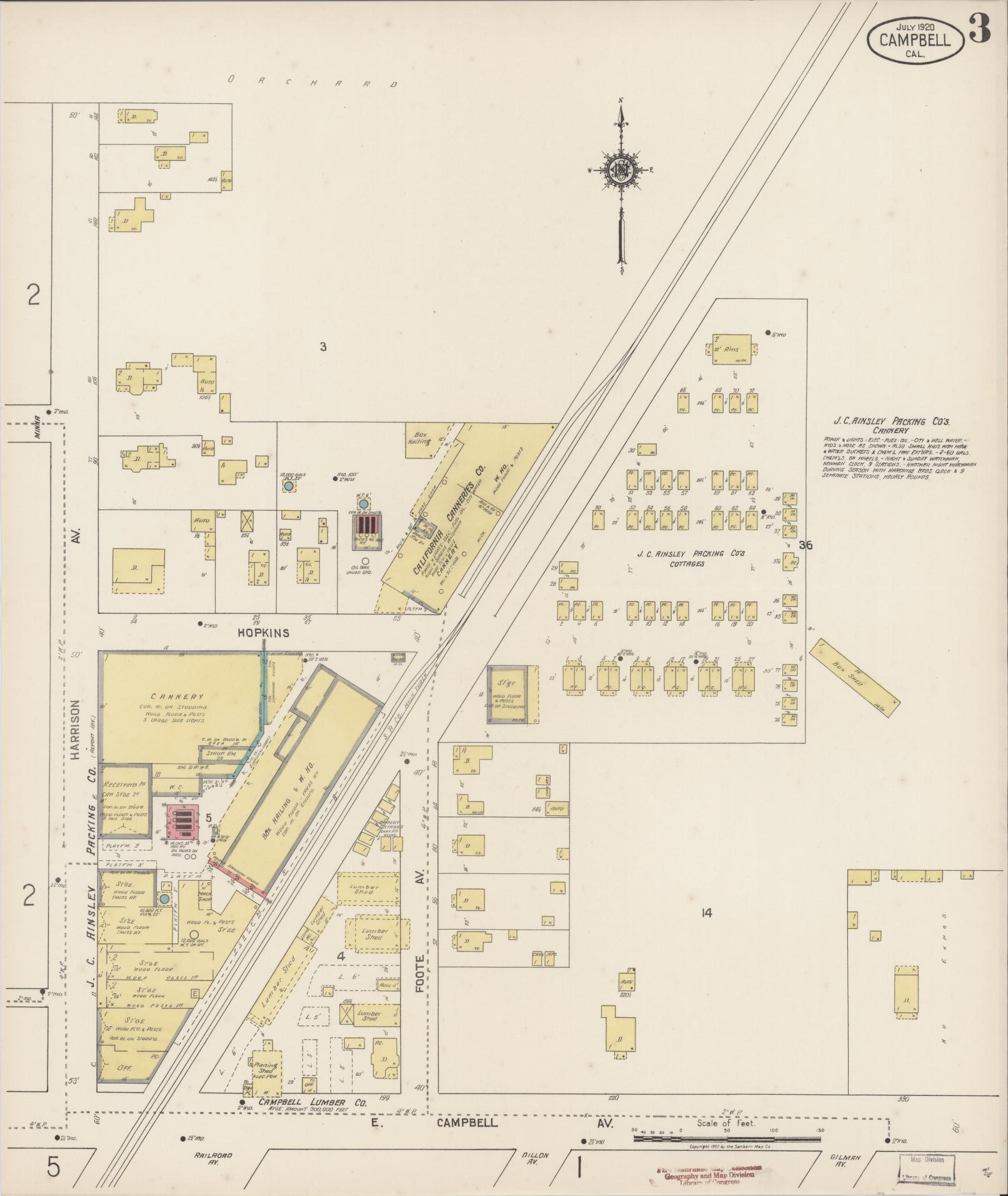 Sanborn Fire Insurance Map from Campbell, Santa Clara County, California (1920), Sheet #0003 - Complete Map Set gallery image, historic Sanborn map, vintage wall art, California California