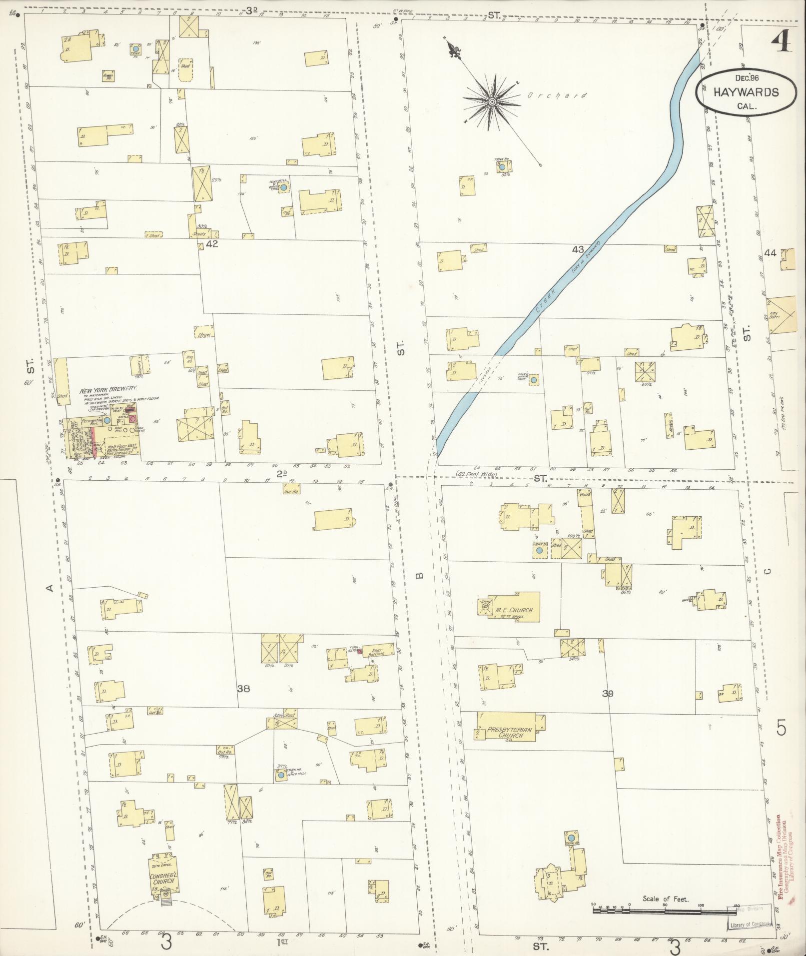 Sanborn Fire Insurance Map from Hayward, Alameda County, California (1896), Sheet #0004 - Historic Sanborn Fire Insurance Map Print, vintage old map wall art, antique decor, genealogy gift, California California map