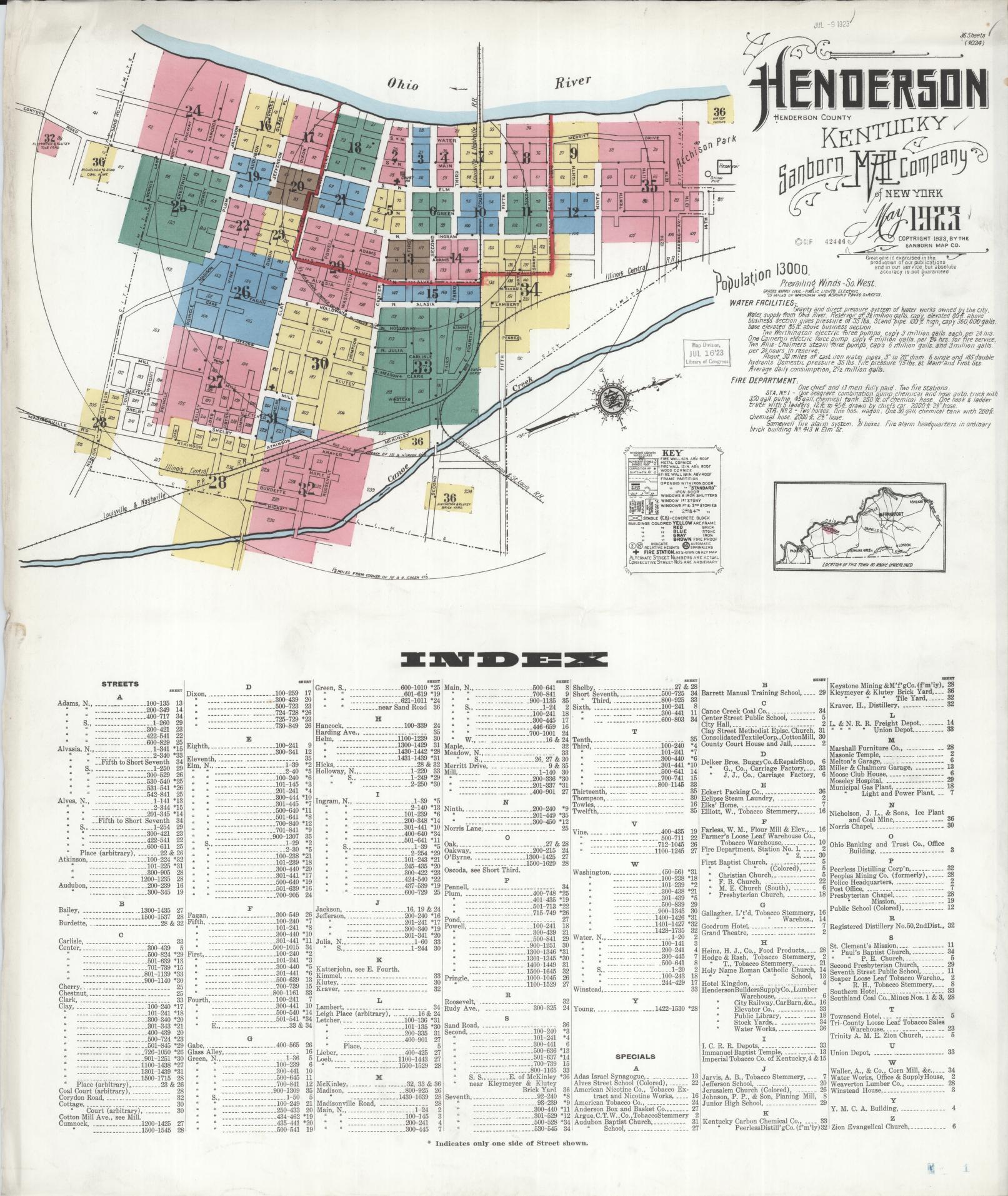 Sanborn Fire Insurance Map from Henderson, Henderson County, Kentucky (1923), Sheet #0001 - Historic Sanborn Fire Insurance Map Print, vintage old map wall art, antique decor, genealogy gift, Kentucky Kentucky map
