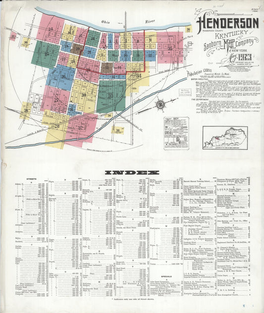 Sanborn Fire Insurance Map from Henderson, Henderson County, Kentucky (1923), Sheet #0001 - Historic Sanborn Fire Insurance Map Print, vintage old map wall art, antique decor, genealogy gift, Kentucky Kentucky map
