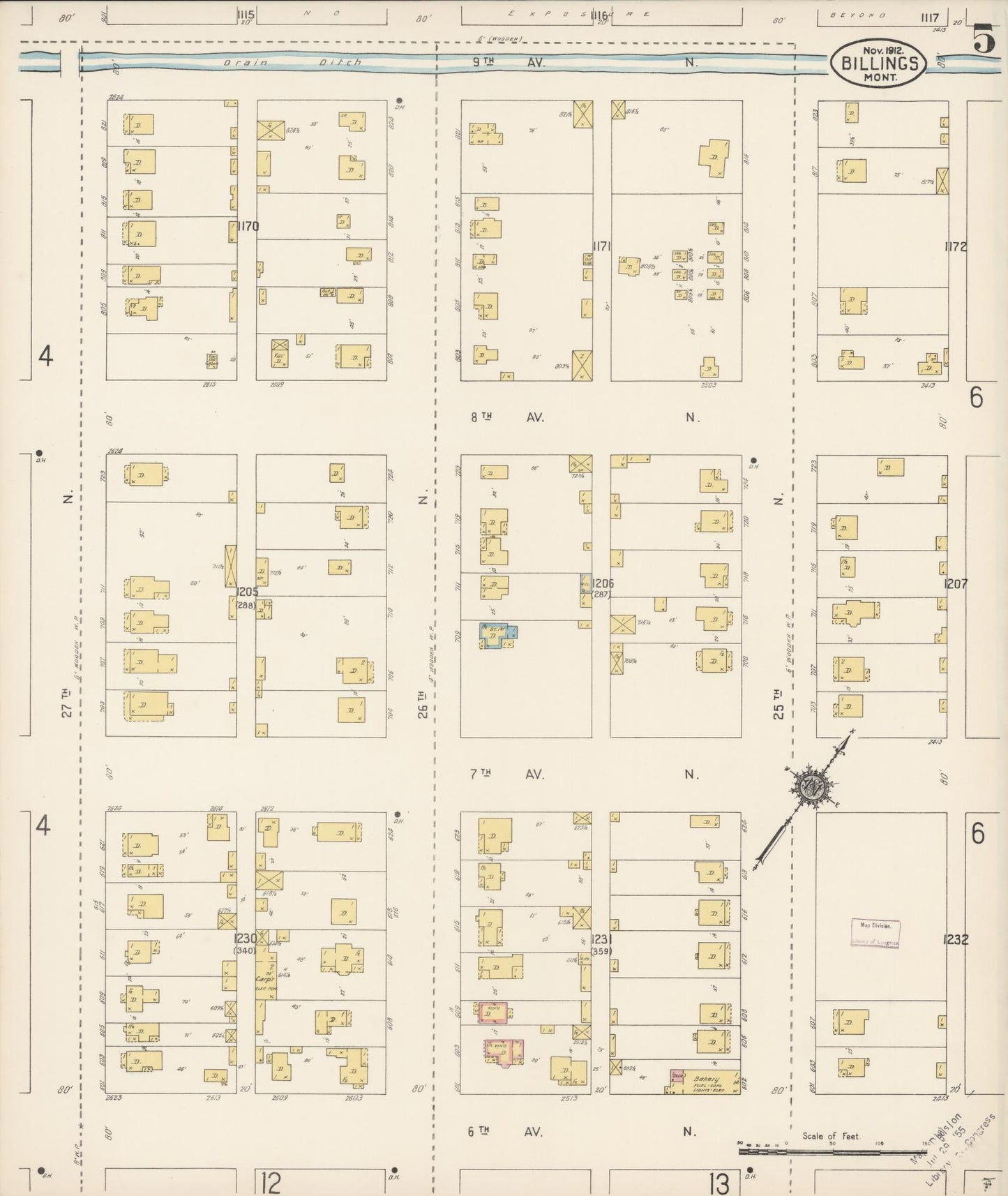 Sanborn Fire Insurance Map from Billings, Yellowstone County, Montana (1912), Sheet #0005 - Complete Map Set gallery image, historic Sanborn map, vintage wall art, Montana Montana