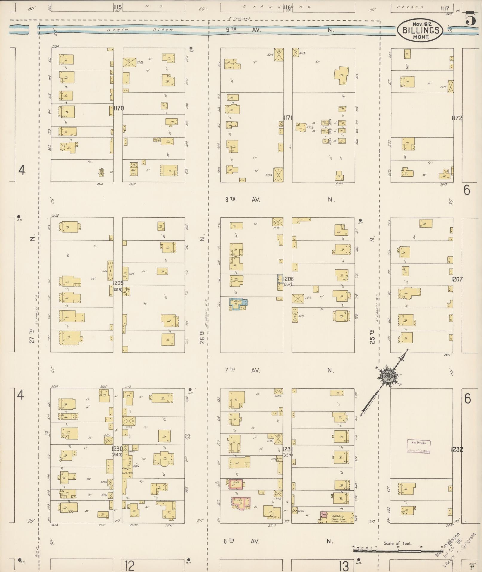 Sanborn Fire Insurance Map from Billings, Yellowstone County, Montana (1912), Sheet #0005 - Complete Map Set gallery image, historic Sanborn map, vintage wall art, Montana Montana