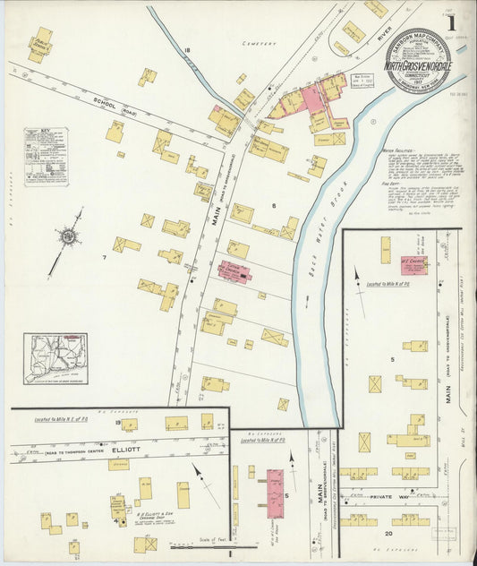 Sanborn Fire Insurance Map from North Grosvenordale, Windham County, Connecticut (1917), Sheet #0001 - Complete Map Set gallery image, historic Sanborn map, vintage wall art, Connecticut Connecticut
