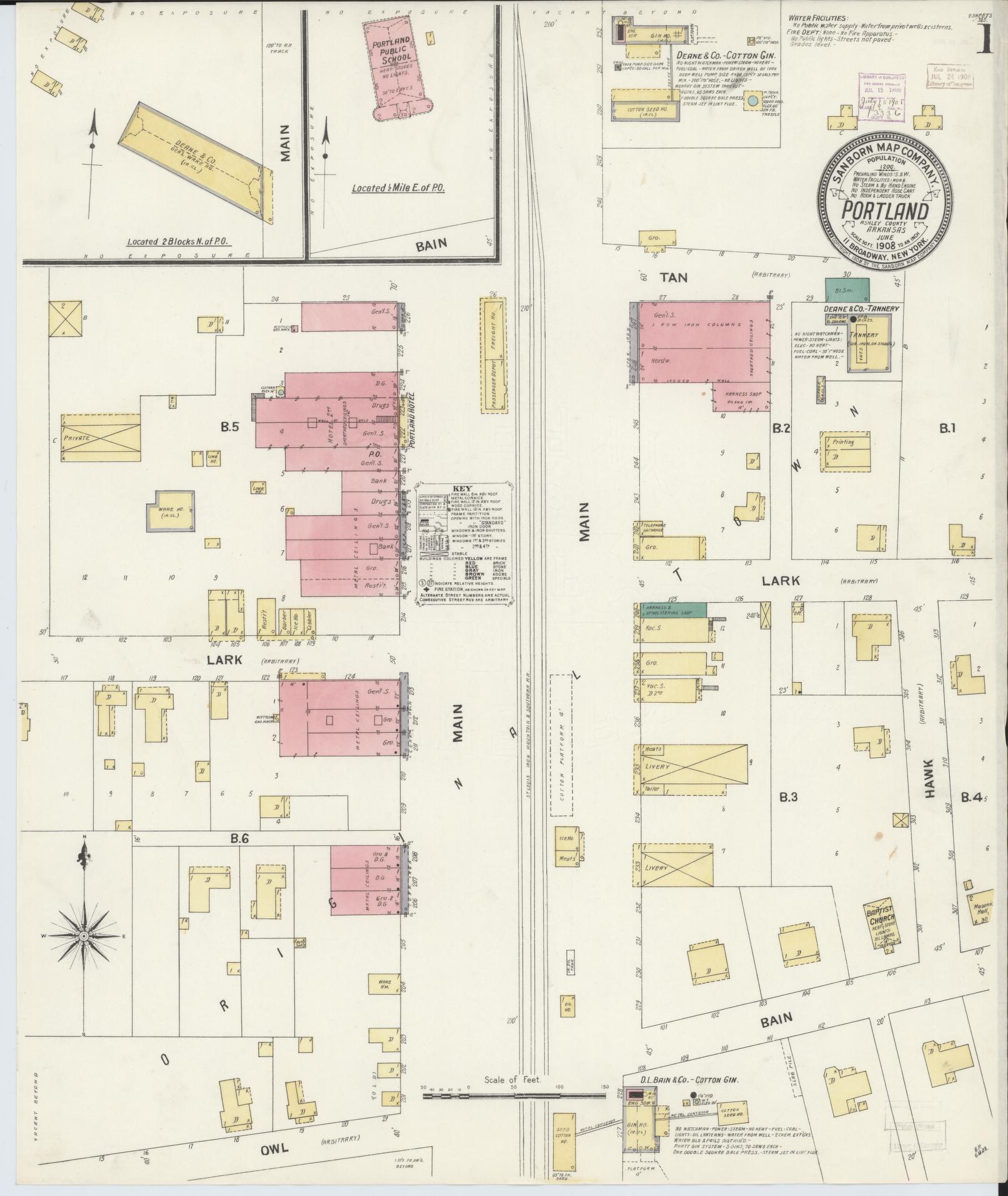 Sanborn Fire Insurance Map from Portland, Ashley County, Arkansas (1908), Sheet #0001 - Historic Sanborn Fire Insurance Map Print, vintage old map wall art, antique decor, genealogy gift, Arkansas Arkansas map